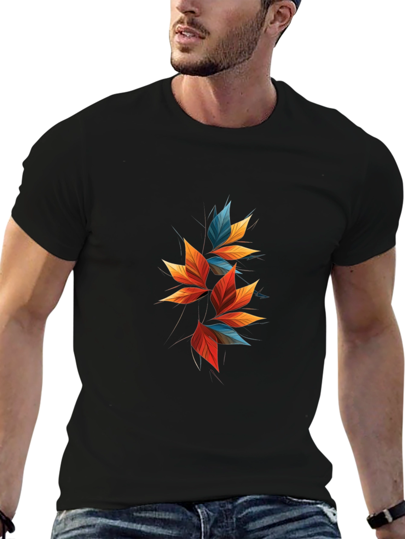 Modern Abstract Leaf Design Black T-Shirt