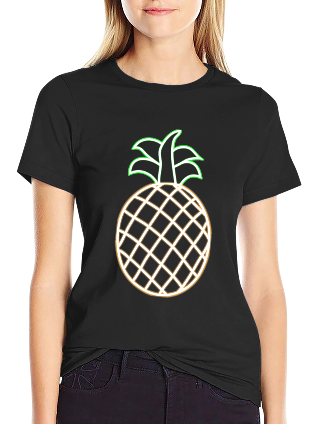 Neon Pineapple Graphic Tee - Black Casual T-Shirt