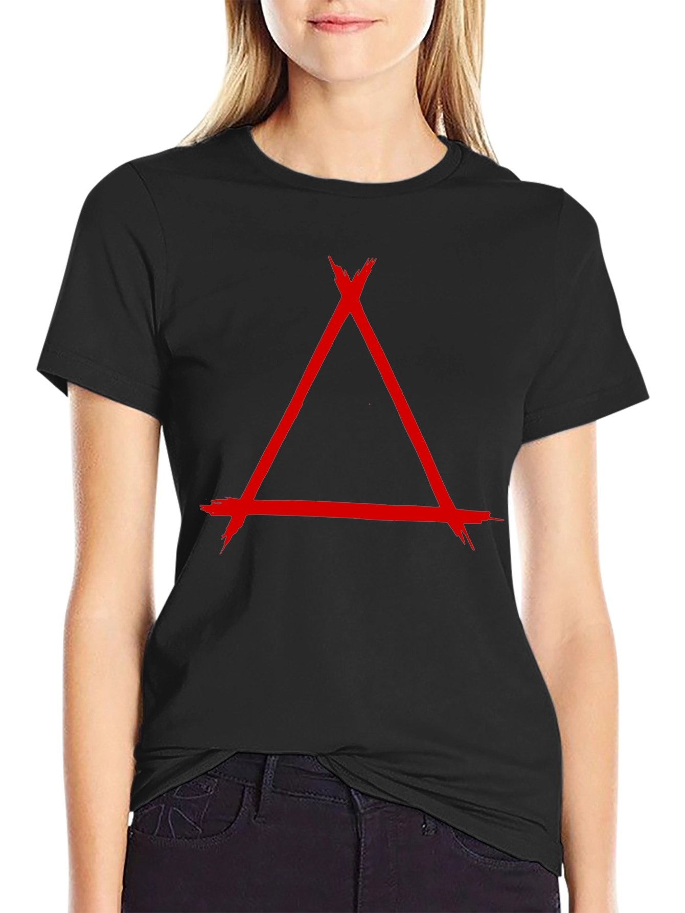 Geometric Red Triangle Graphic Print Black T-Shirt
