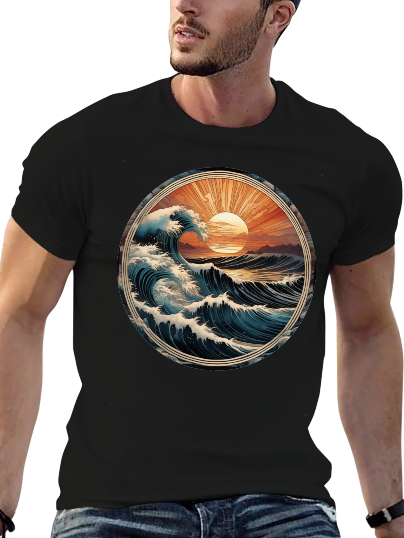 Ocean Wave Graphic Tee - Black Cotton Comfort