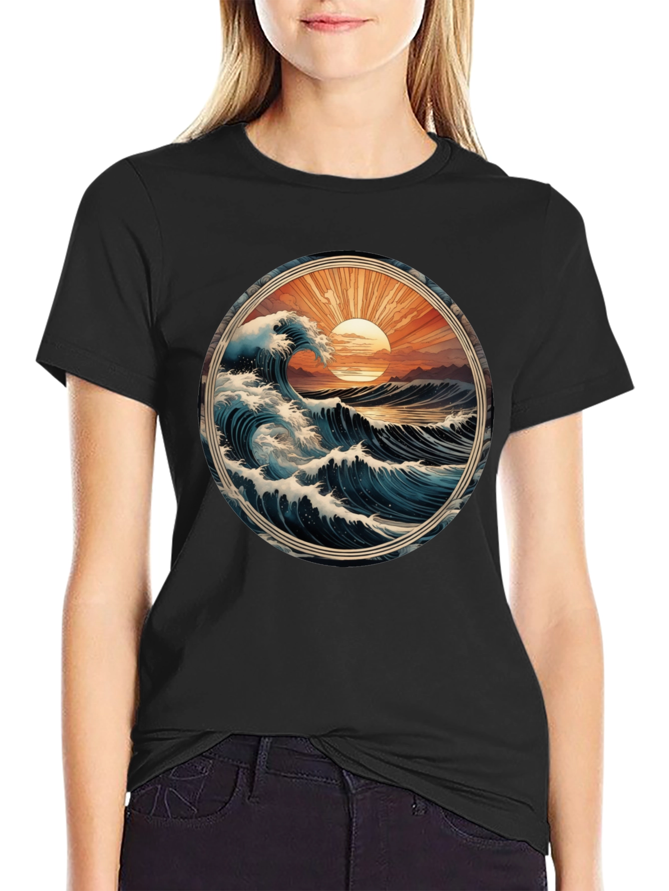 Ocean Wave Graphic Tee - Black Cotton Comfort