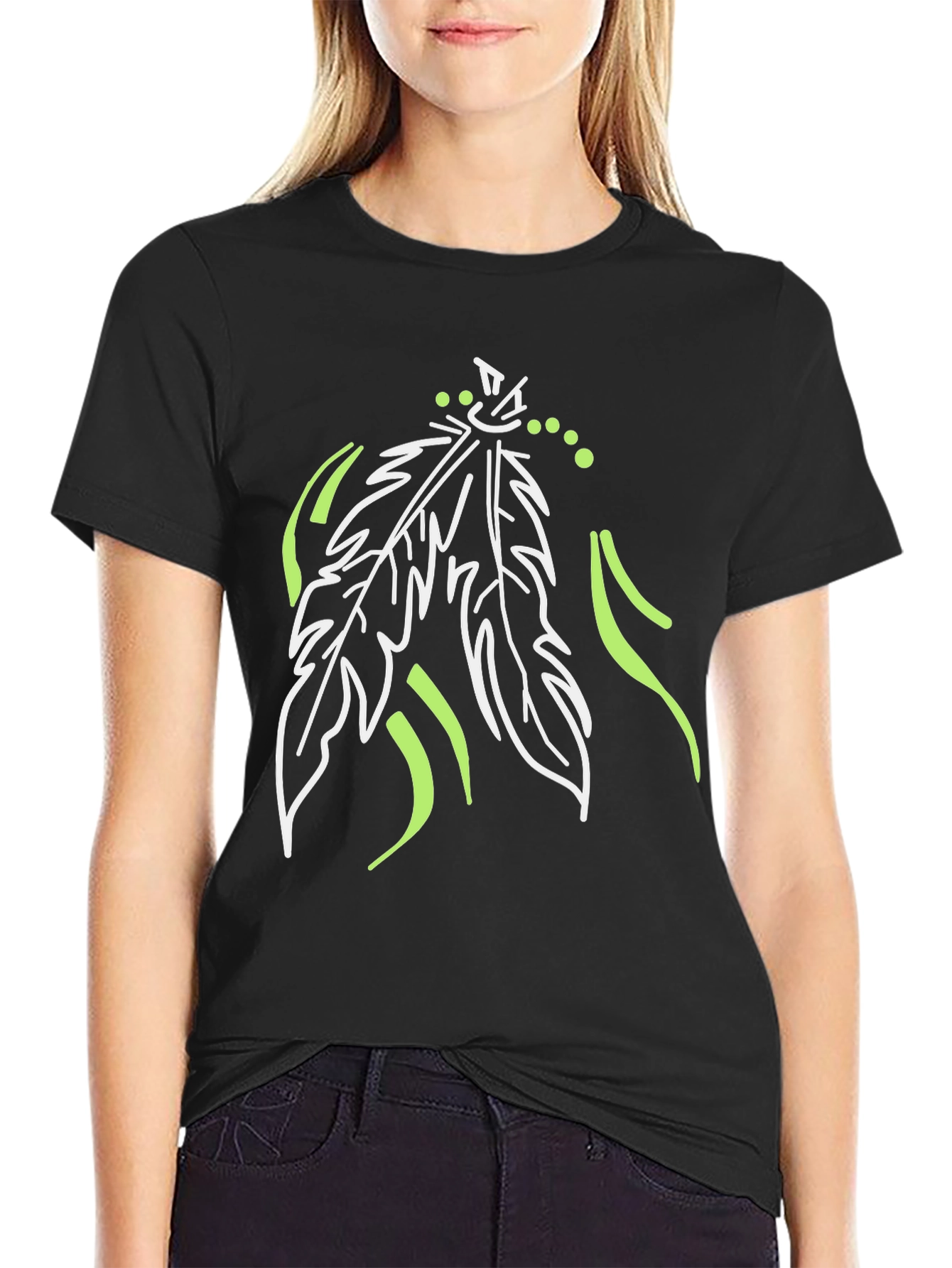 Unique Feather Design Black T-Shirt