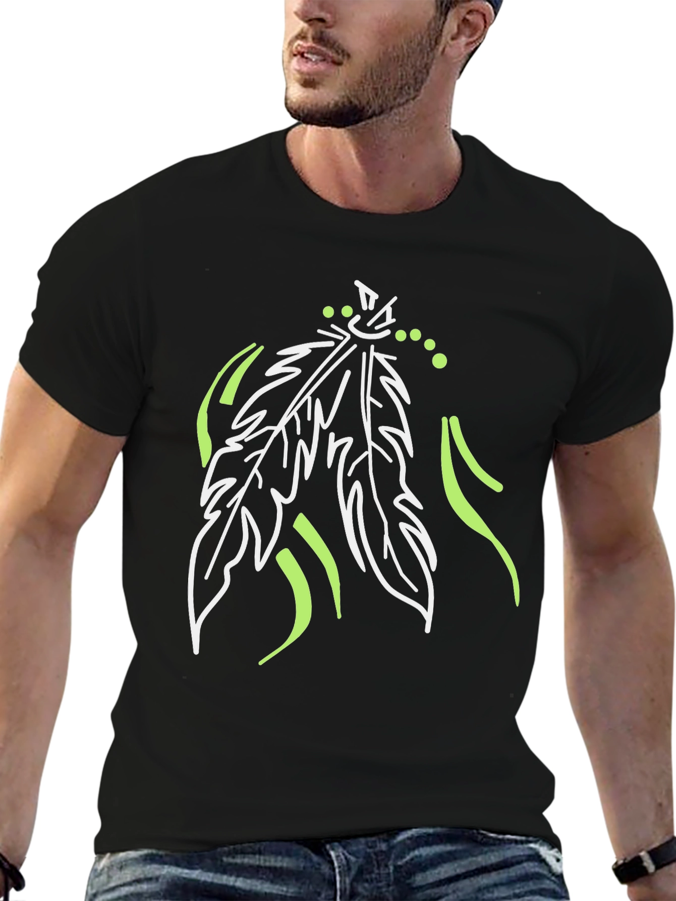 Unique Feather Design Black T-Shirt