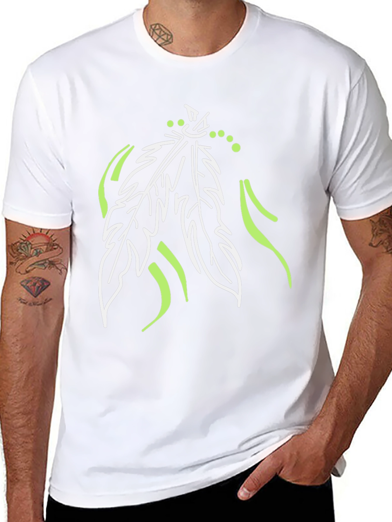 Unique Feather Design Black T-Shirt