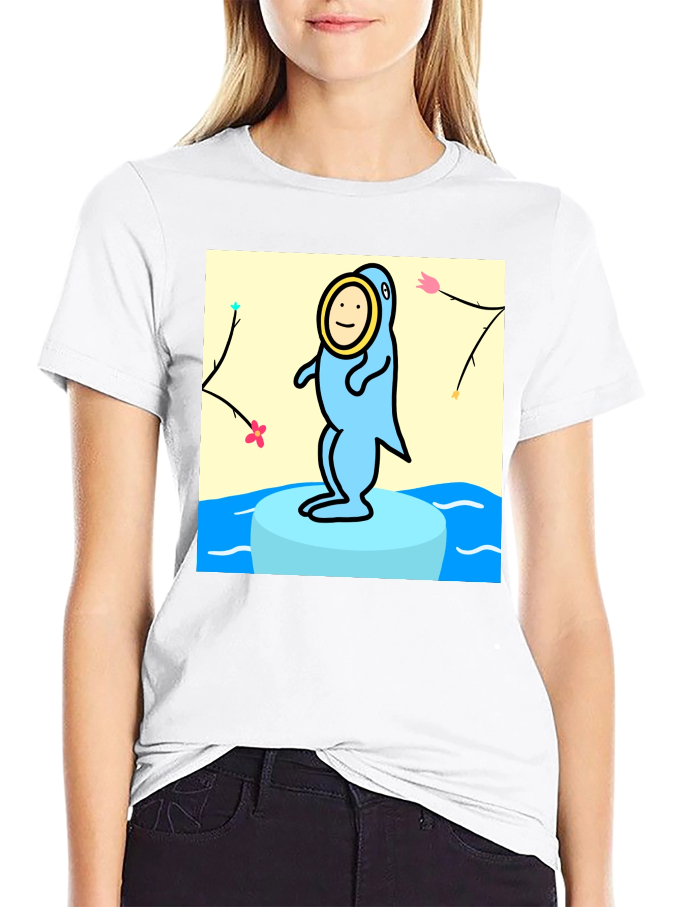 Cartoon Seal Graphic Tee - Black Cotton Casual Top