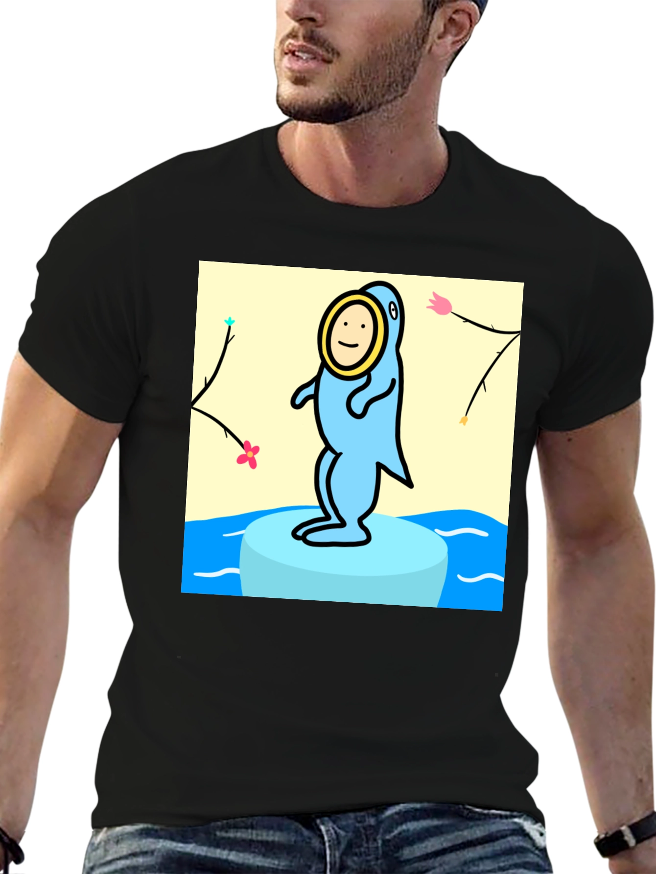 Cartoon Seal Graphic Tee - Black Cotton Casual Top
