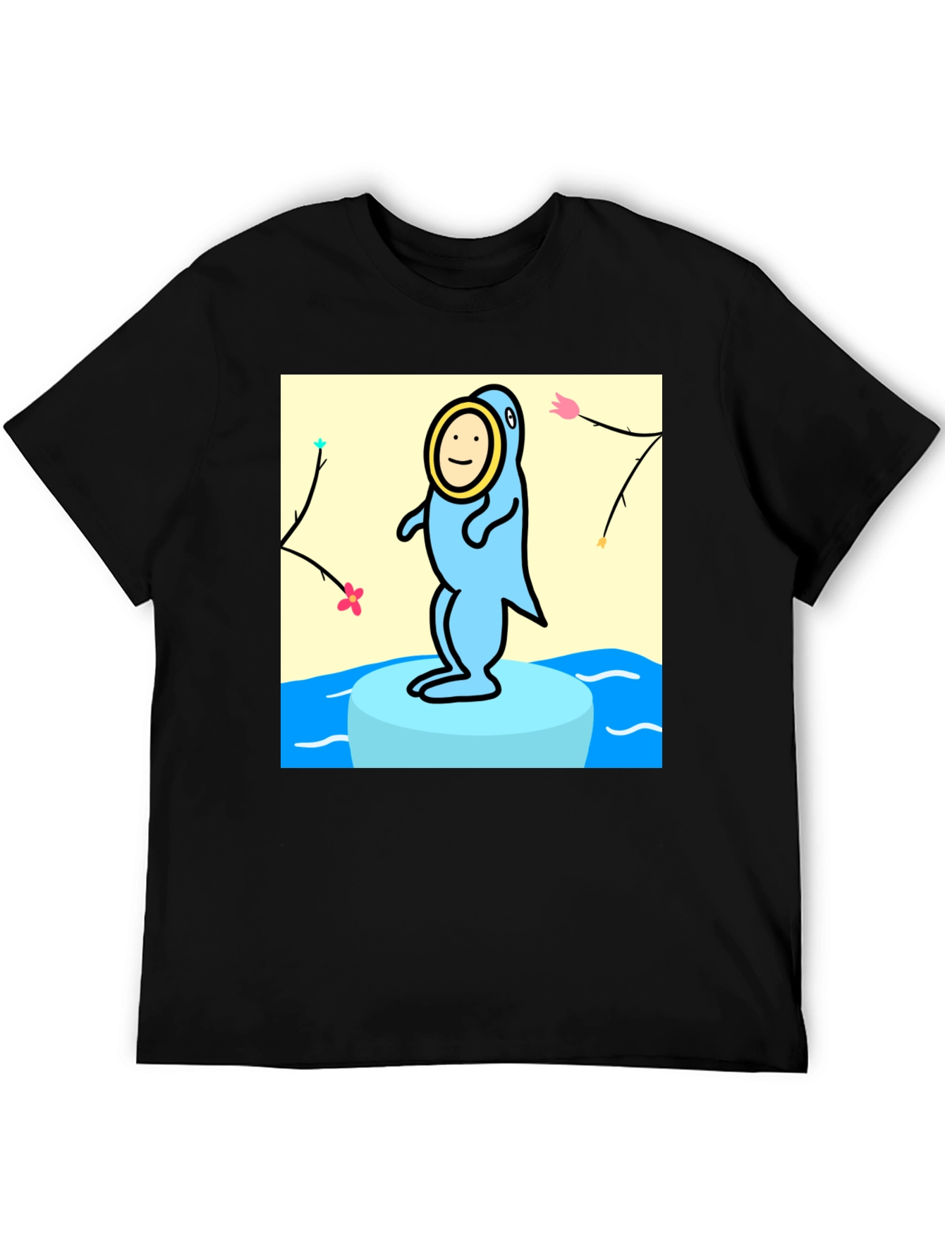 Cartoon Seal Graphic Tee - Black Cotton Casual Top