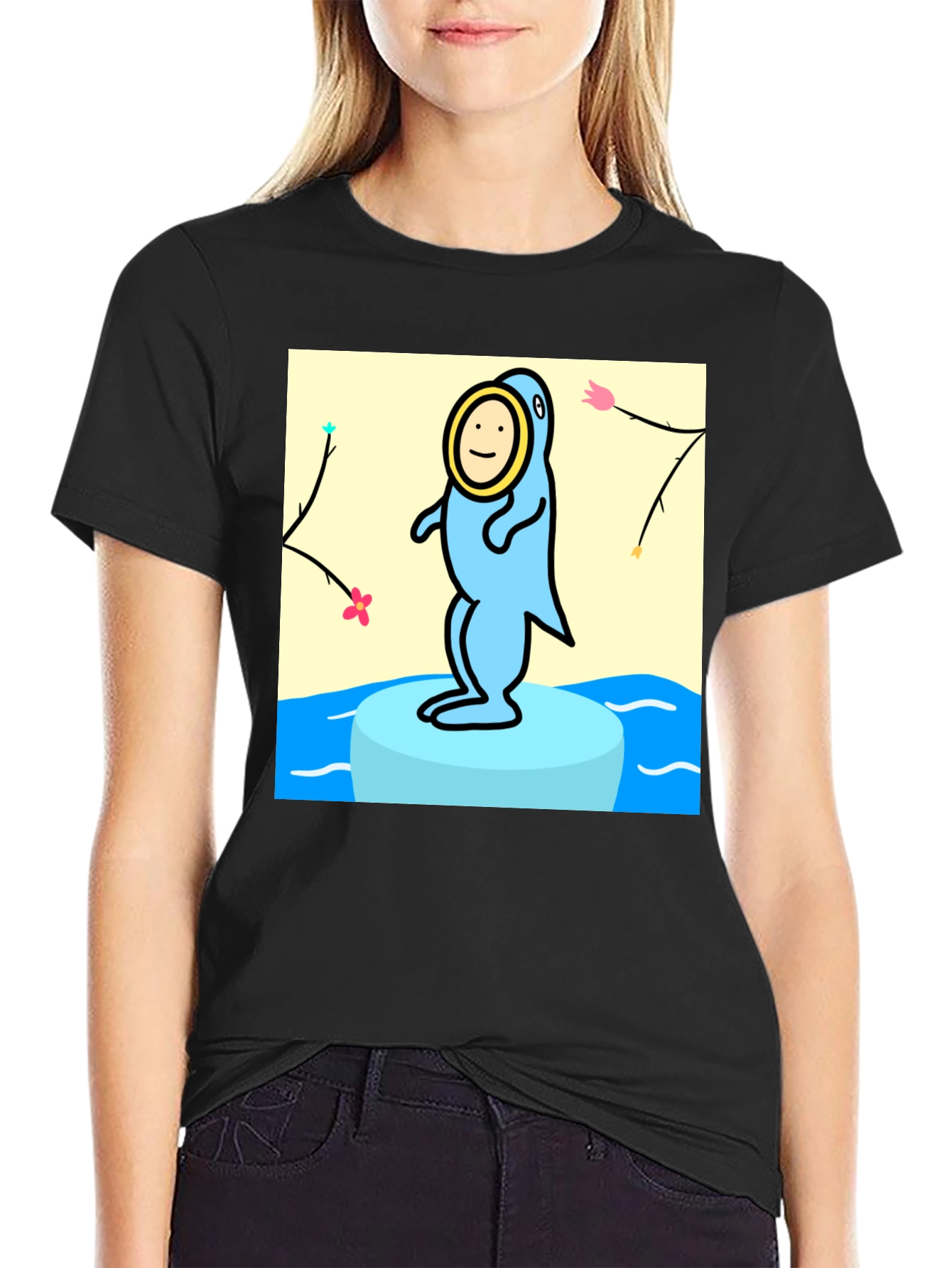 Cartoon Seal Graphic Tee - Black Cotton Casual Top