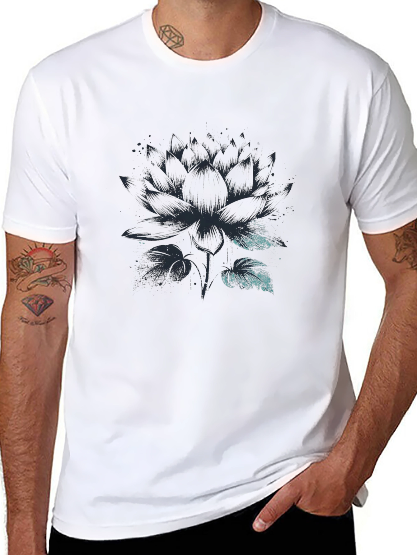 Lotus Flower Graphic Print Mens Black T-Shirt