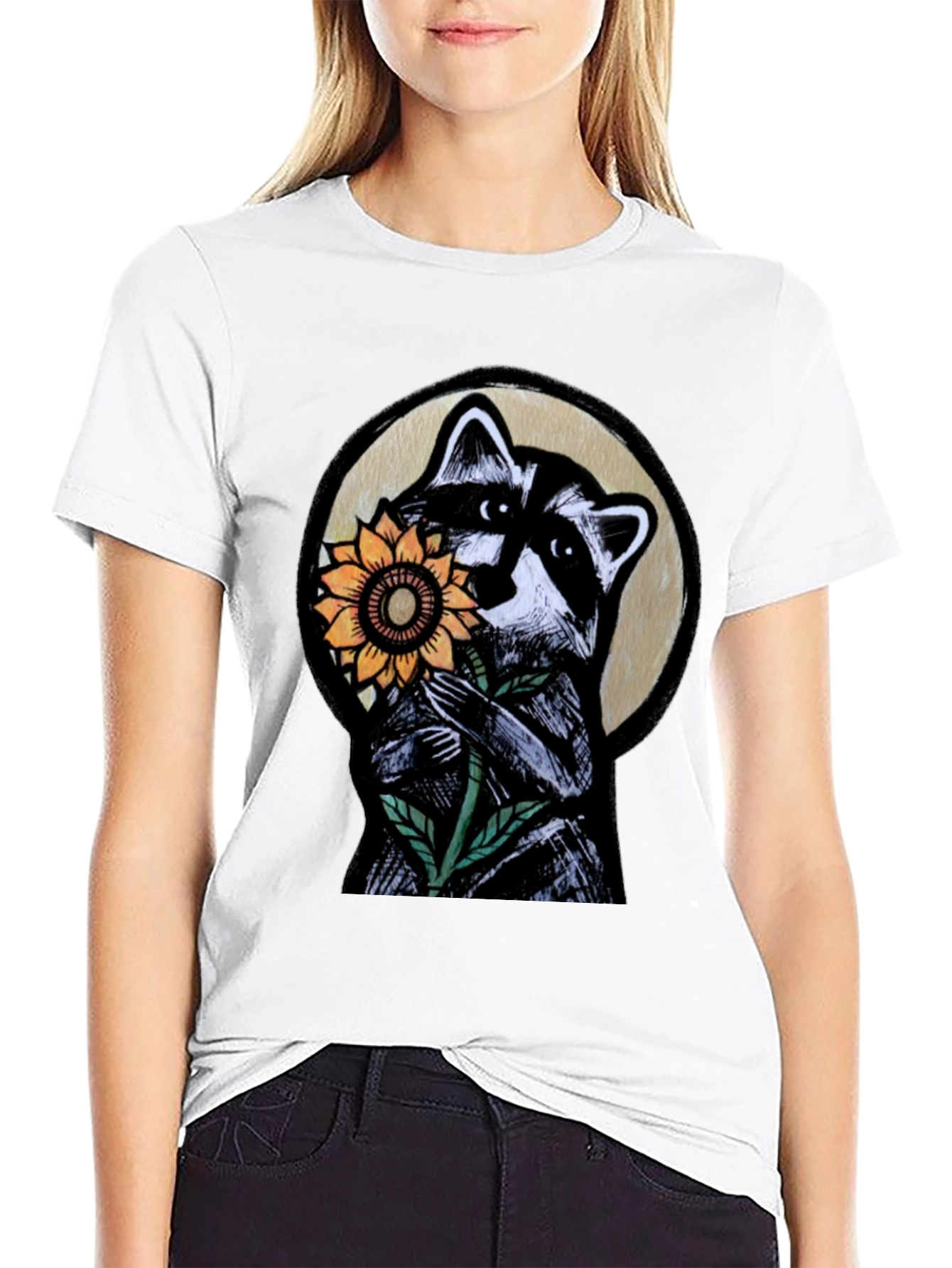 Raccoon Sunflower Graphic Tee - Black