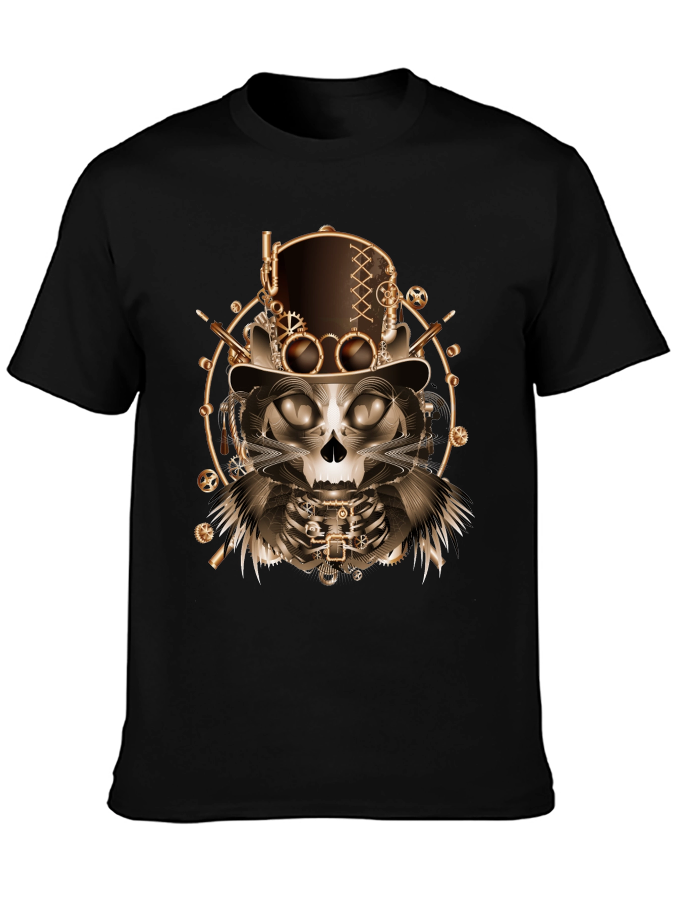 Steampunk Cat Skull T-Shirt - Unique Gothic Design