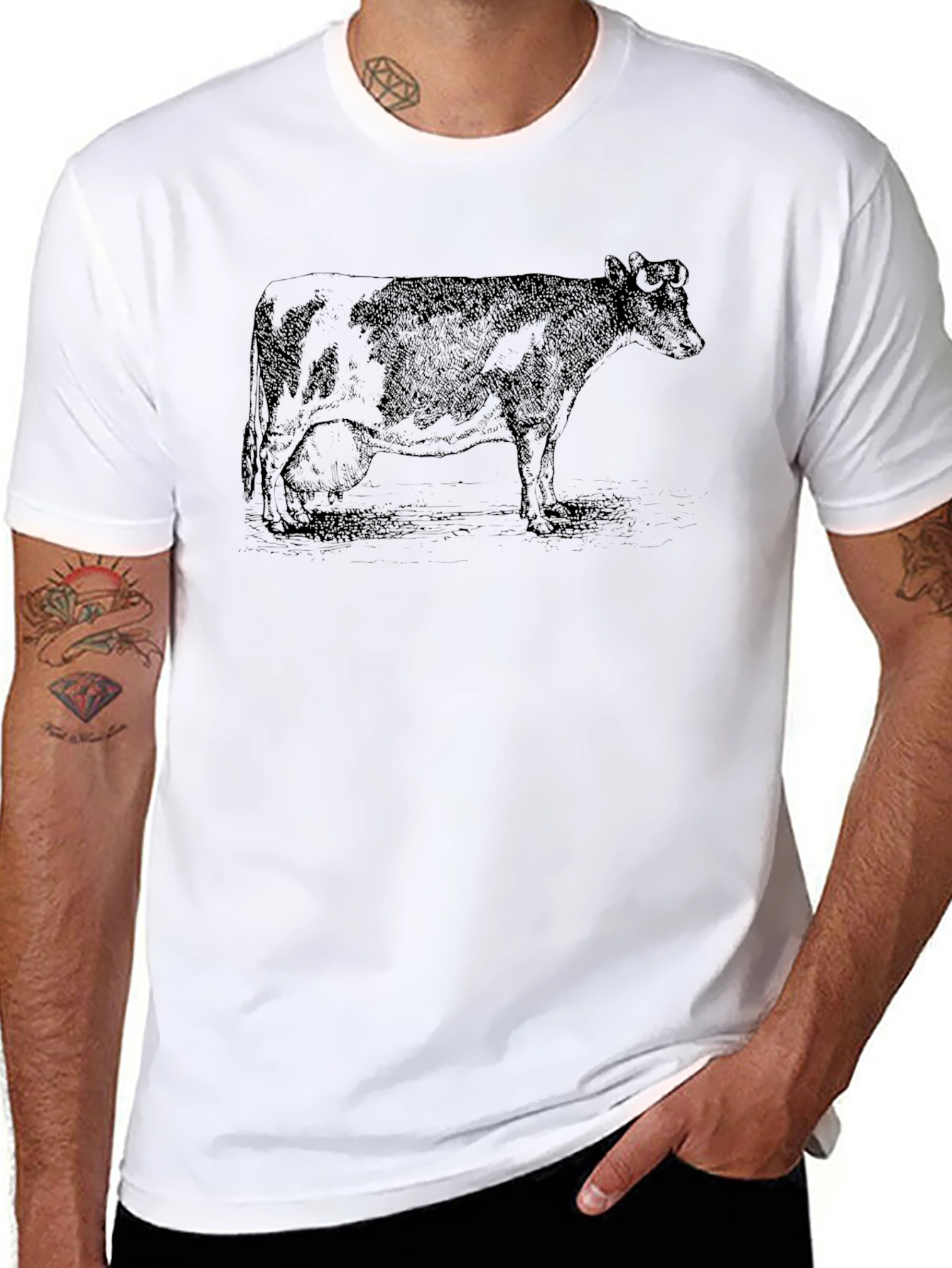 Black T-Shirt with Cow Graphic Print