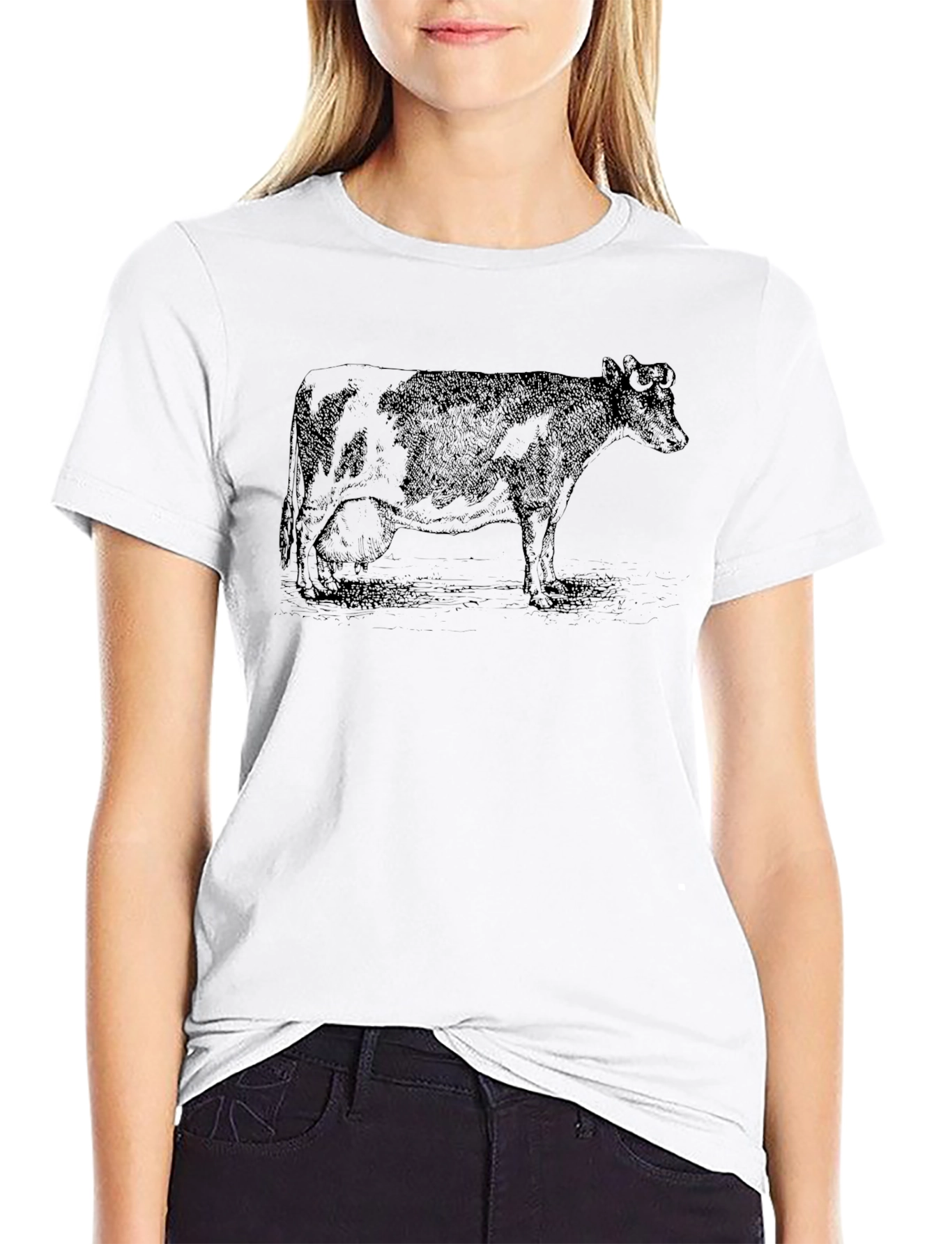 Black T-Shirt with Cow Graphic Print