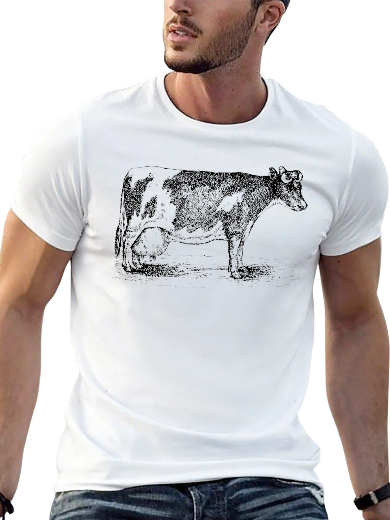 Black T-Shirt with Cow Graphic Print