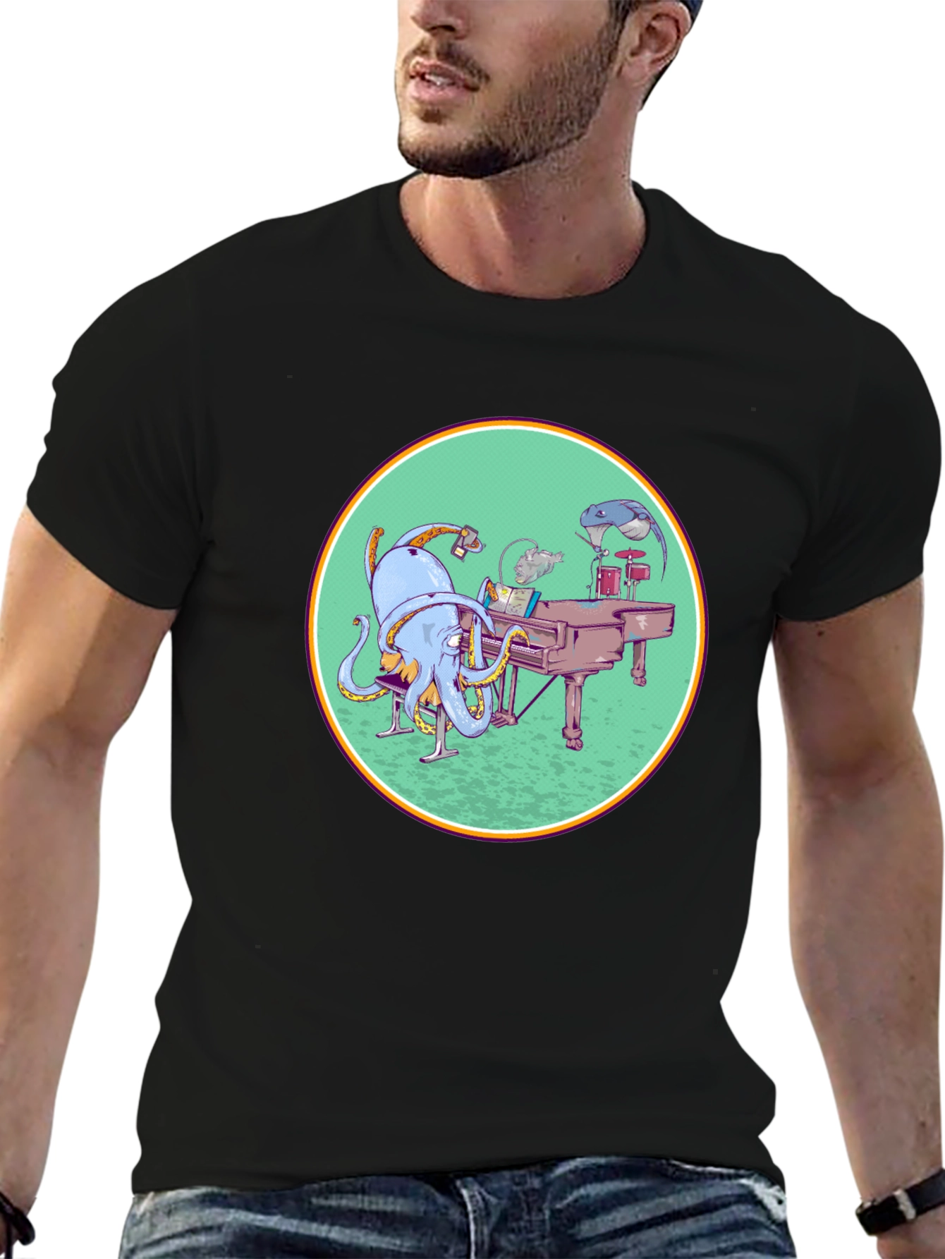 Octopus Musician Graphic Tee - Cool Black T-Shirt
