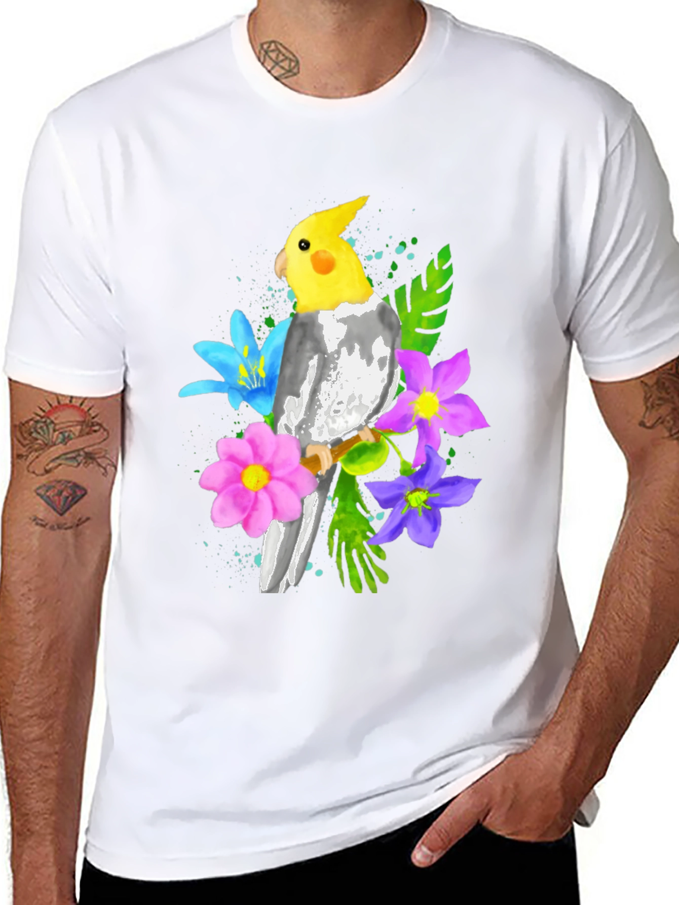 Cockatiel and Flowers Graphic T-Shirt