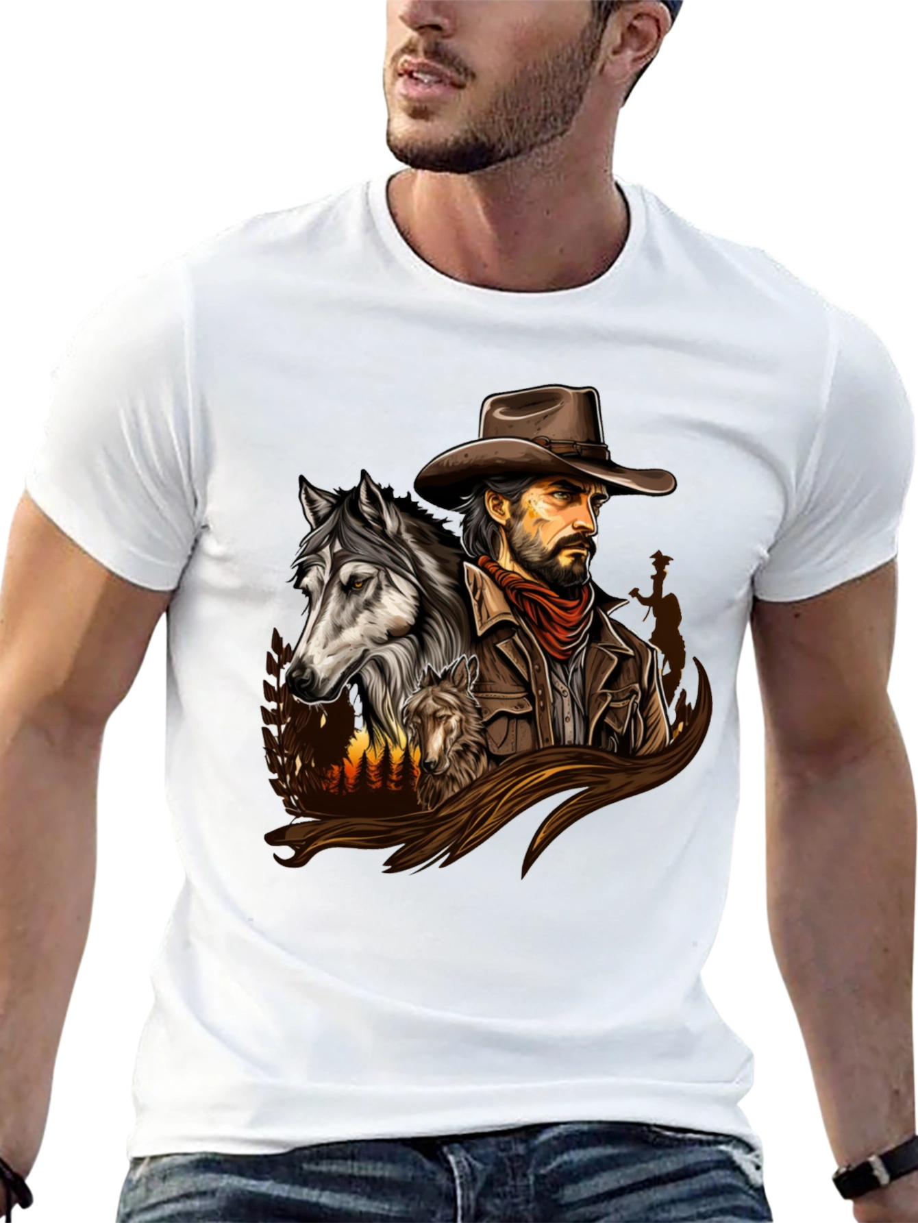 Cowboy & Wolves Graphic Print T-Shirt
