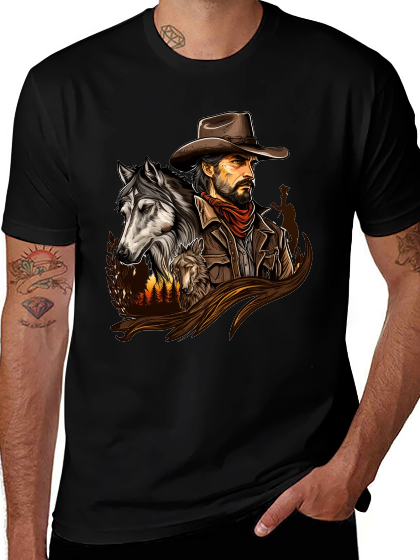 Cowboy & Wolves Graphic Print T-Shirt