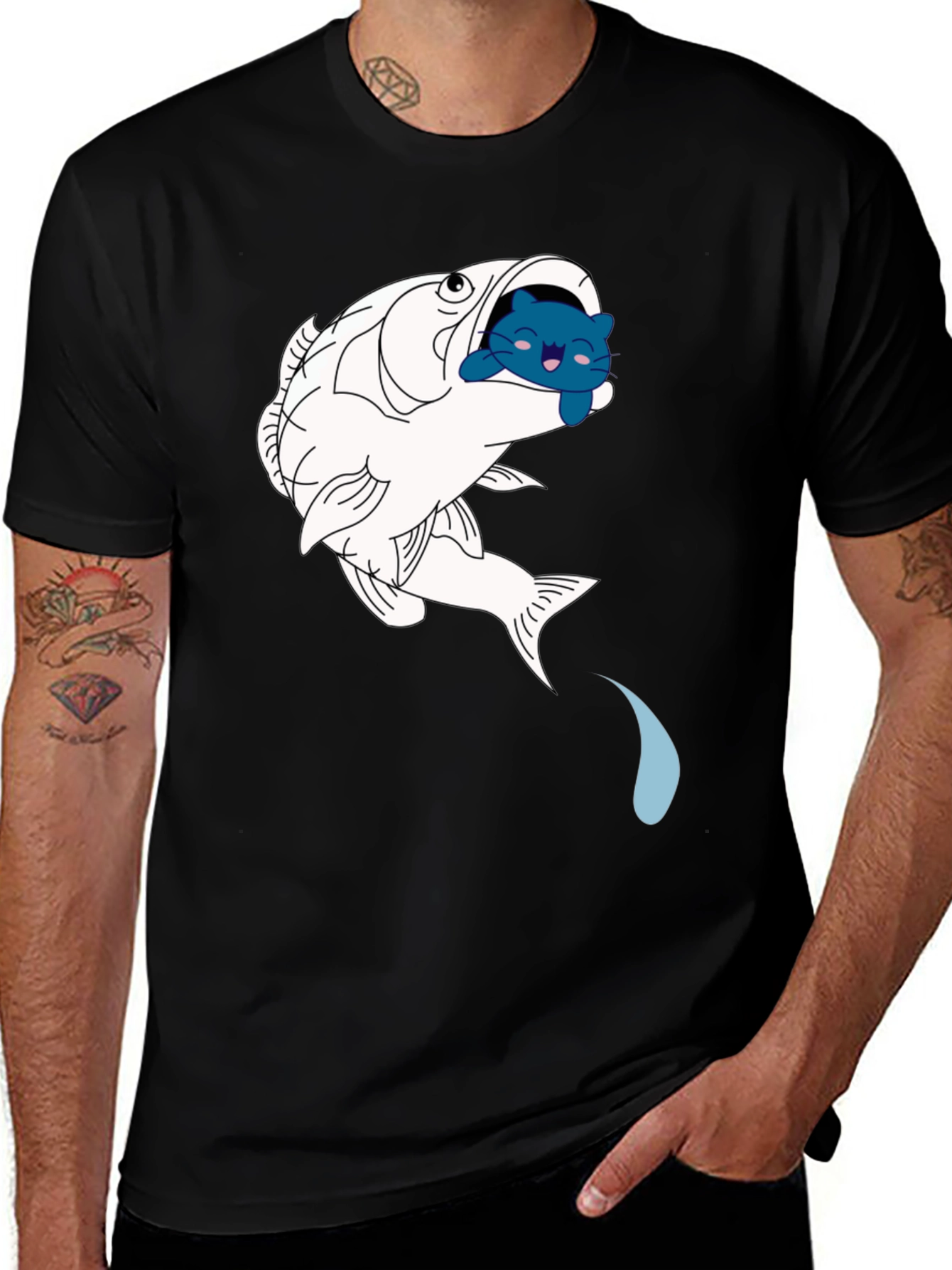Fish & Cat Graphic Tee - Black Cotton T-Shirt