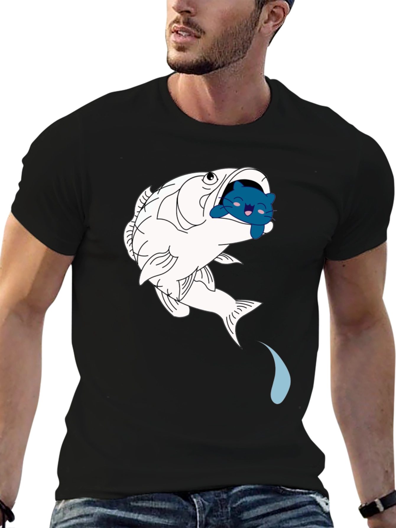 Fish & Cat Graphic Tee - Black Cotton T-Shirt