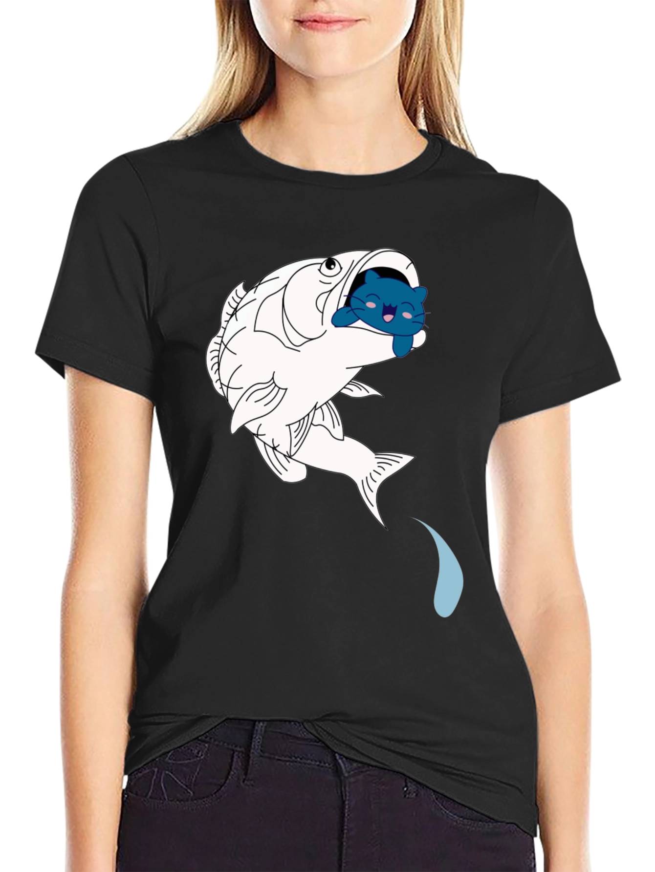 Fish & Cat Graphic Tee - Black Cotton T-Shirt