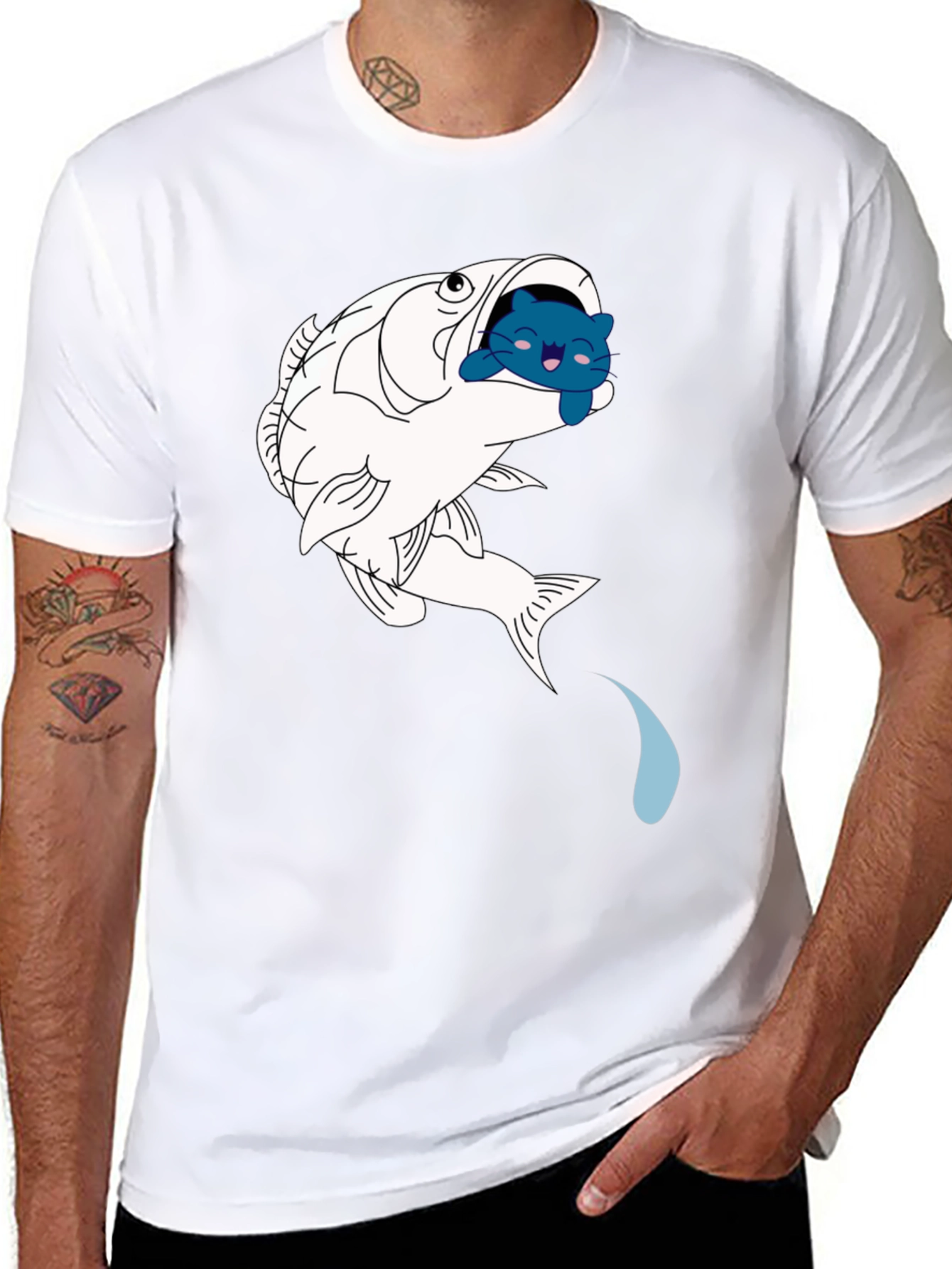 Fish & Cat Graphic Tee - Black Cotton T-Shirt