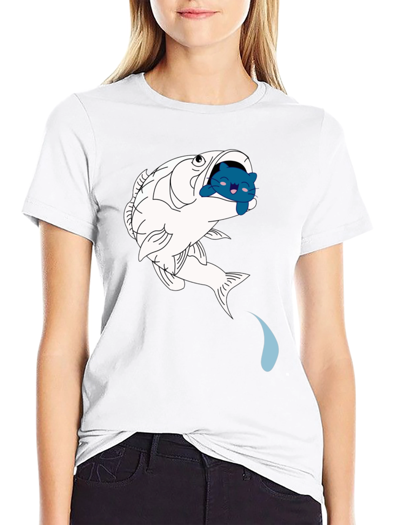 Fish & Cat Graphic Tee - Black Cotton T-Shirt