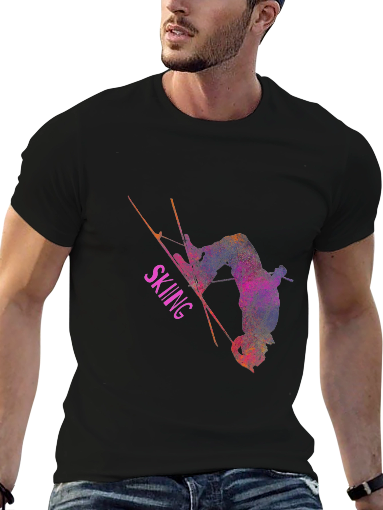 Skiing Athlete Graphic T-Shirt - Black