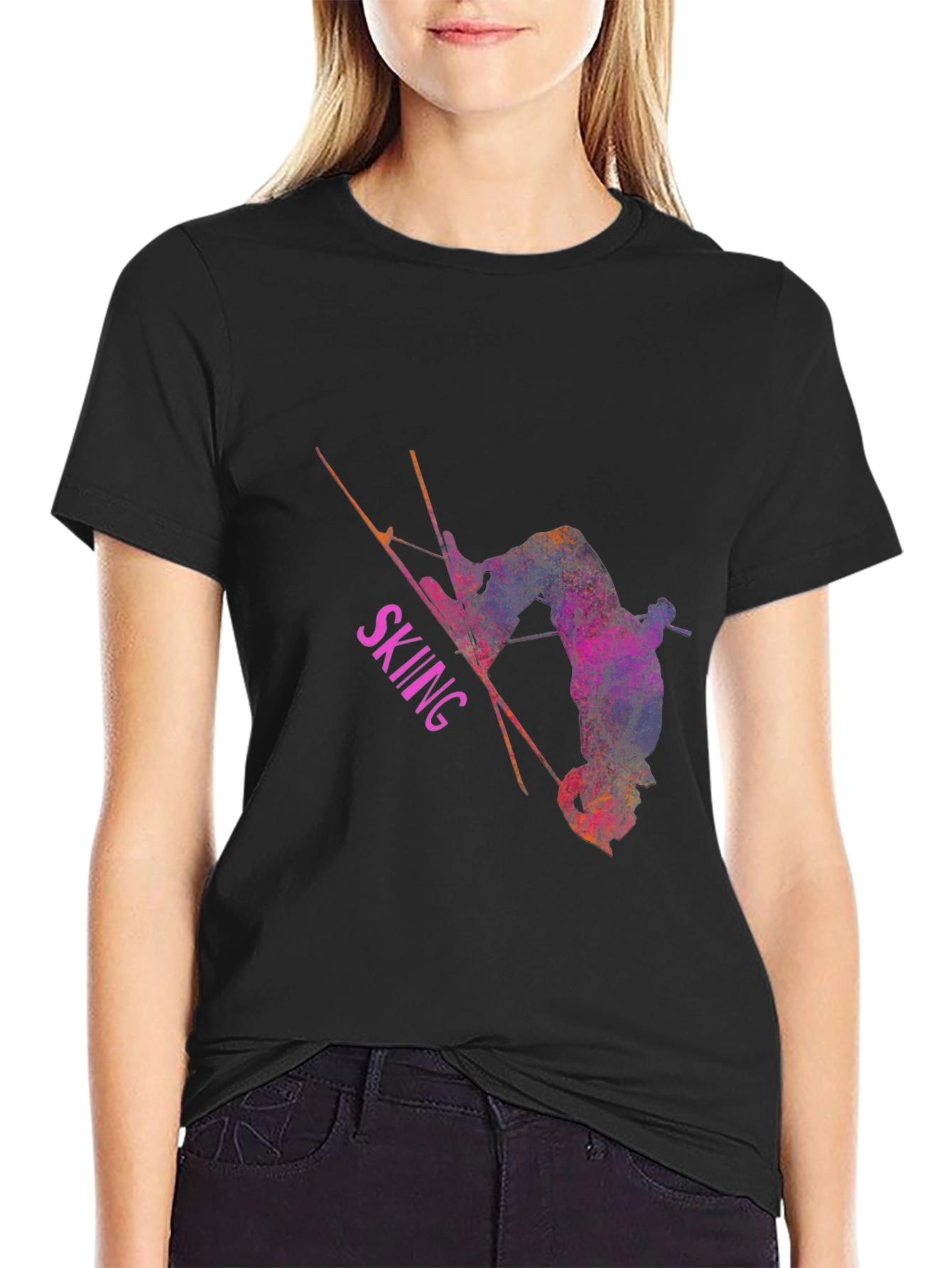 Skiing Athlete Graphic T-Shirt - Black