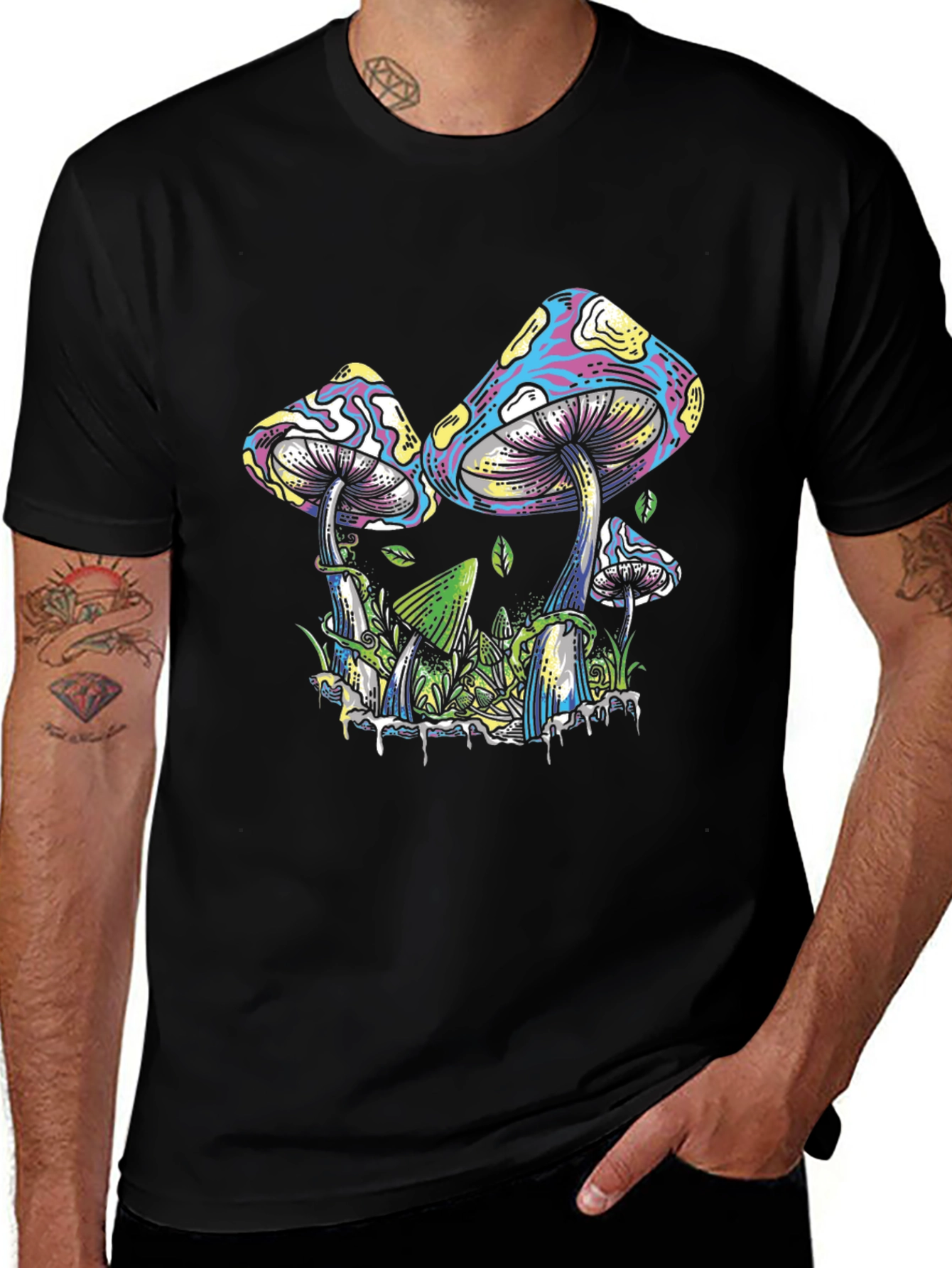 Psychedelic Mushroom Graphic Tee - Black Cotton T-Shirt