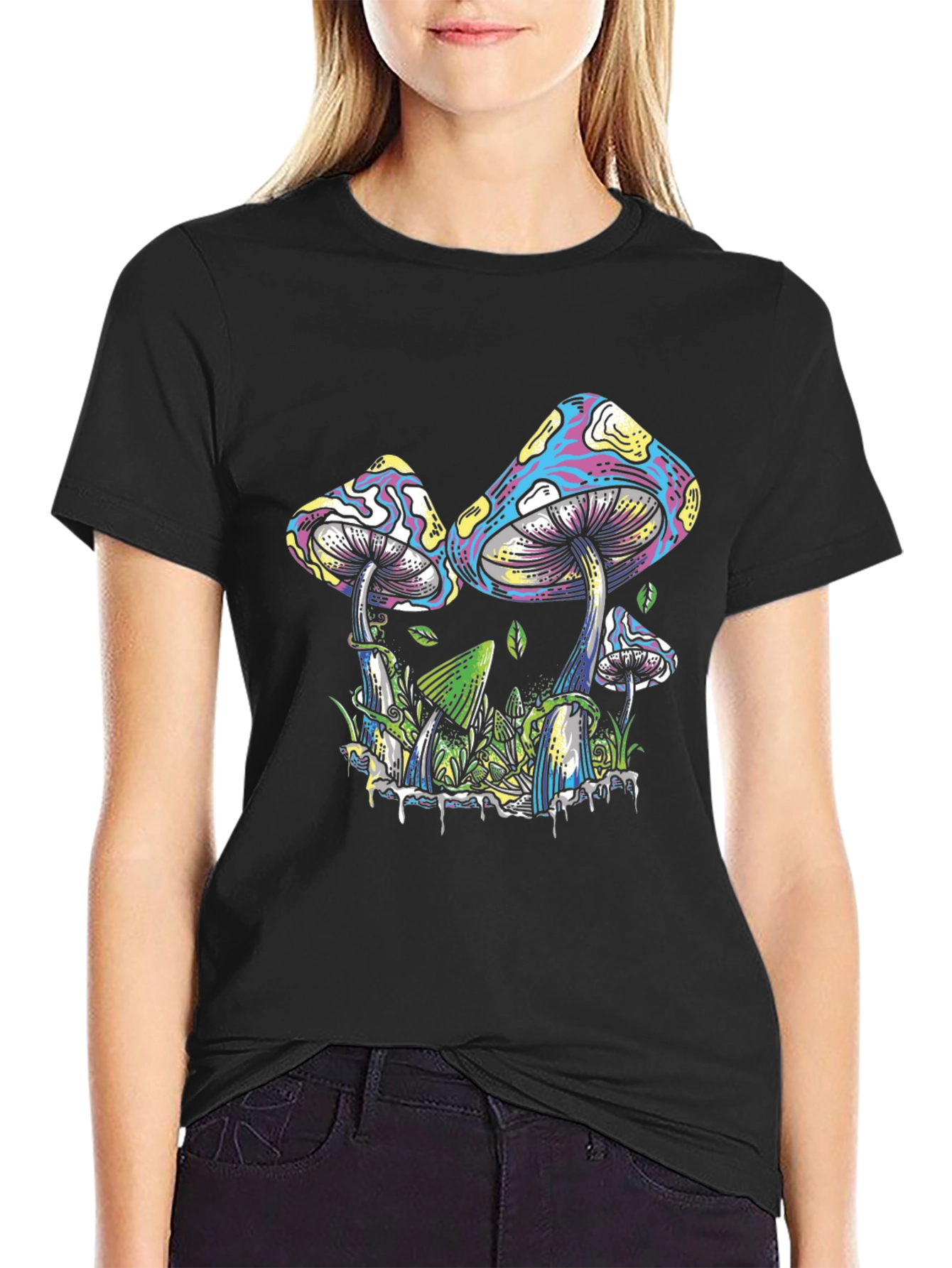 Psychedelic Mushroom Graphic Tee - Black Cotton T-Shirt