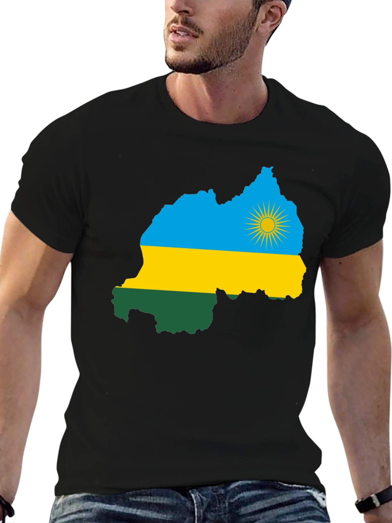 Rwanda Flag Map Graphic Tee - Black Cotton T-Shirt