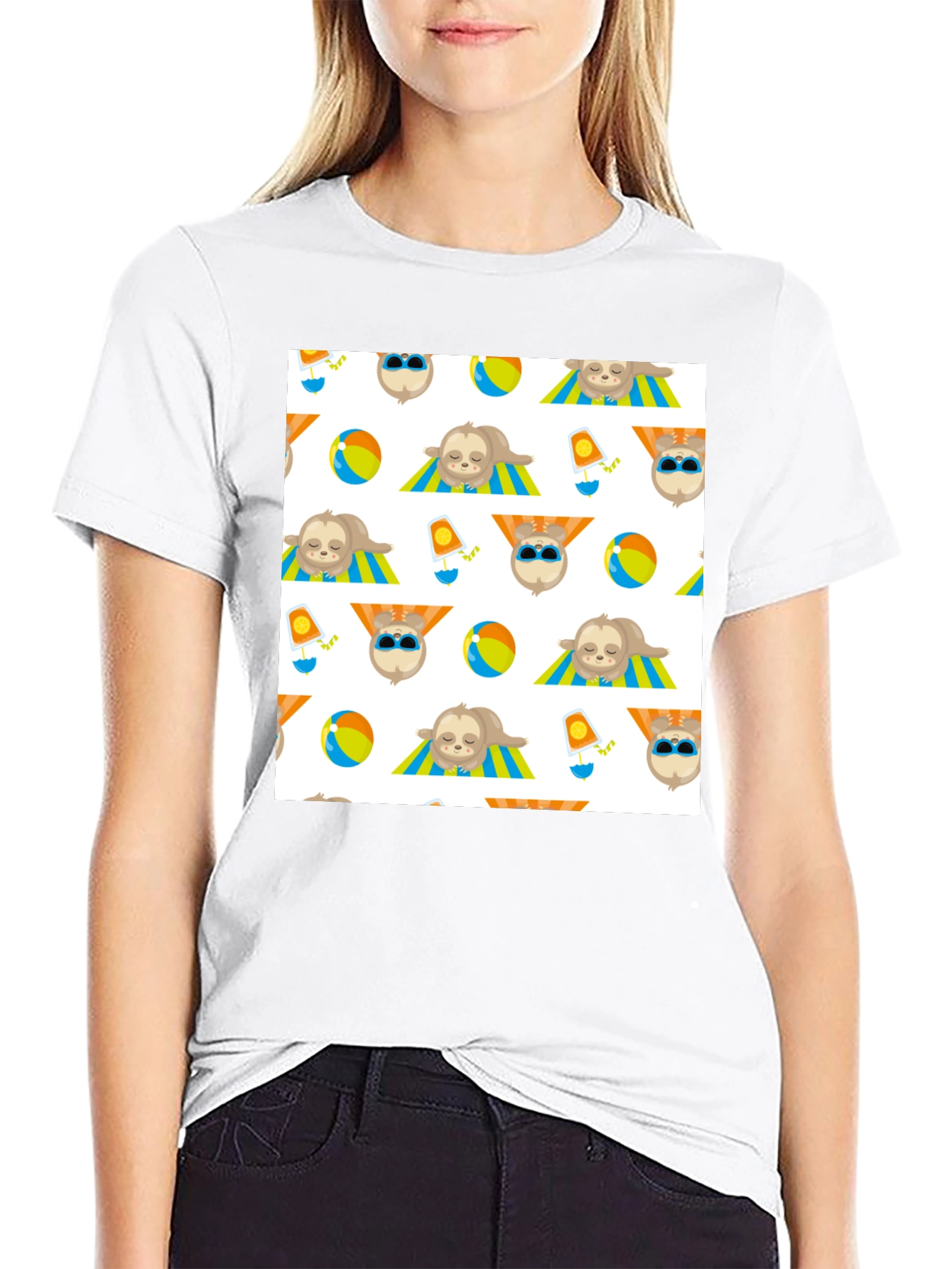 Summer Sloth Pattern Black T-Shirt