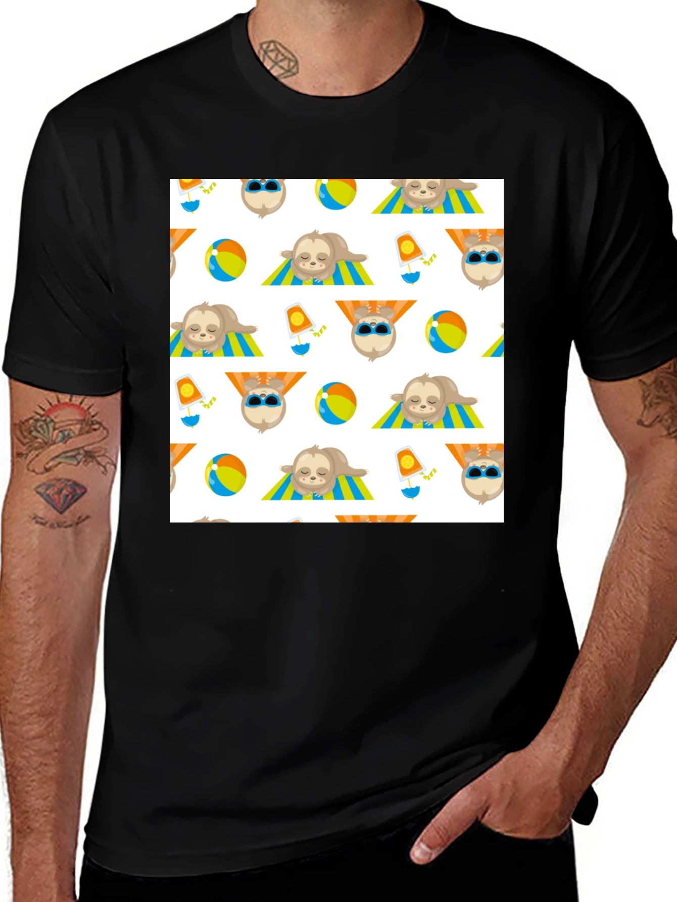 Summer Sloth Pattern Black T-Shirt