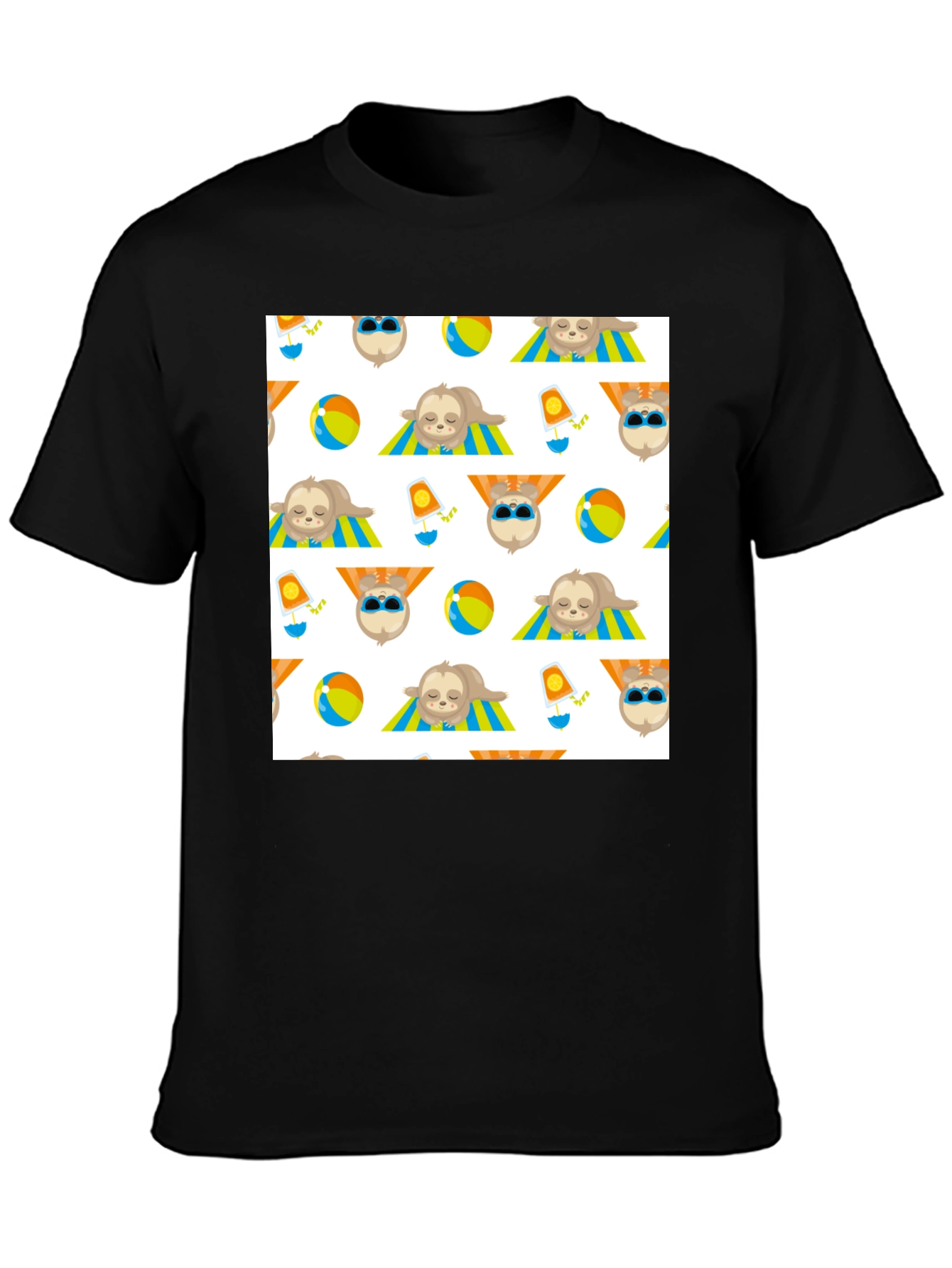 Summer Sloth Pattern Black T-Shirt