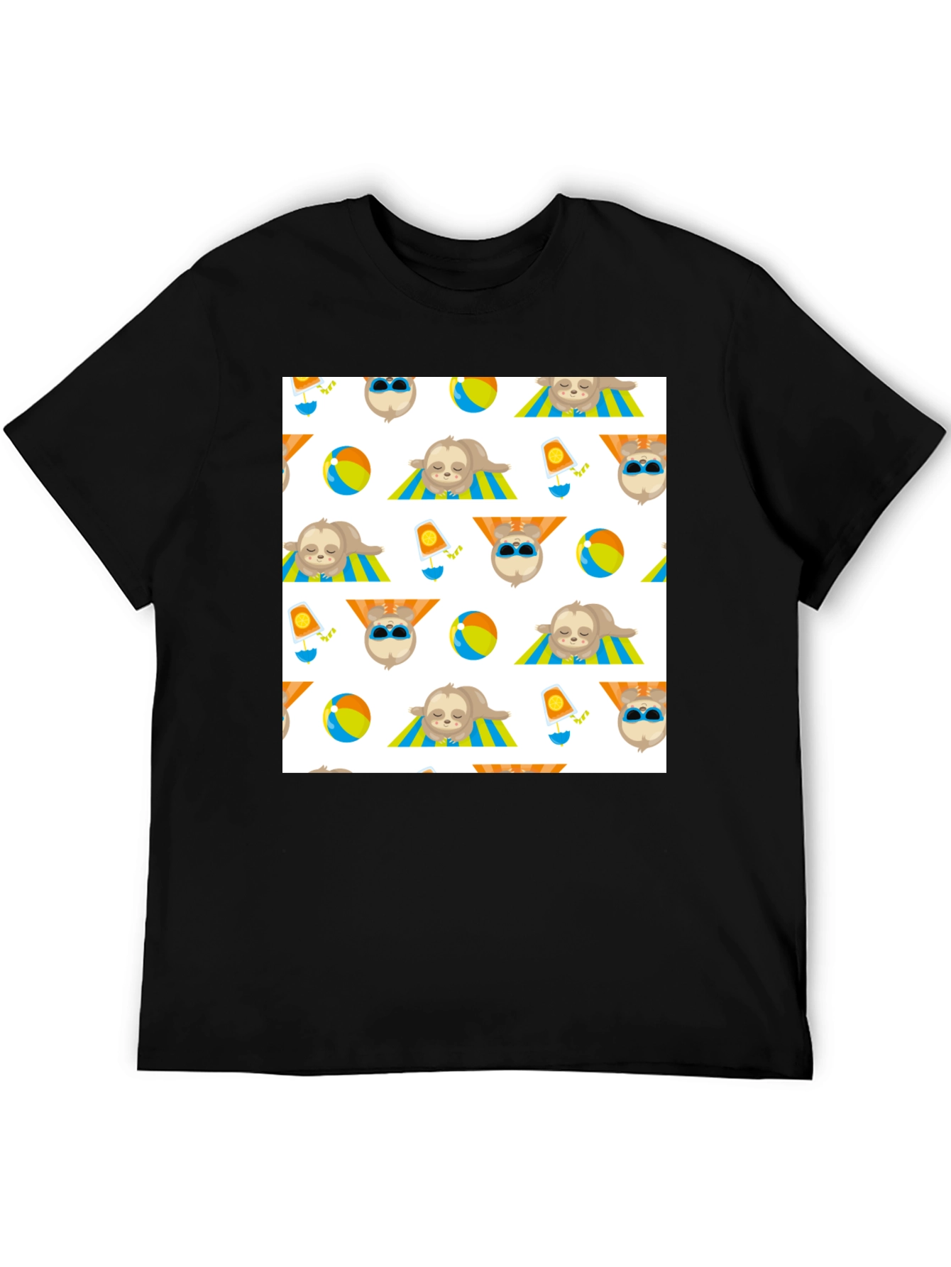 Summer Sloth Pattern Black T-Shirt