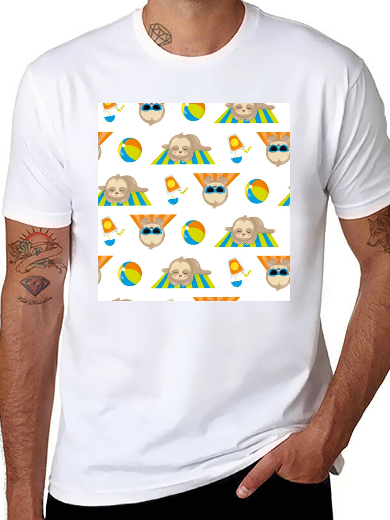 Summer Sloth Pattern Black T-Shirt