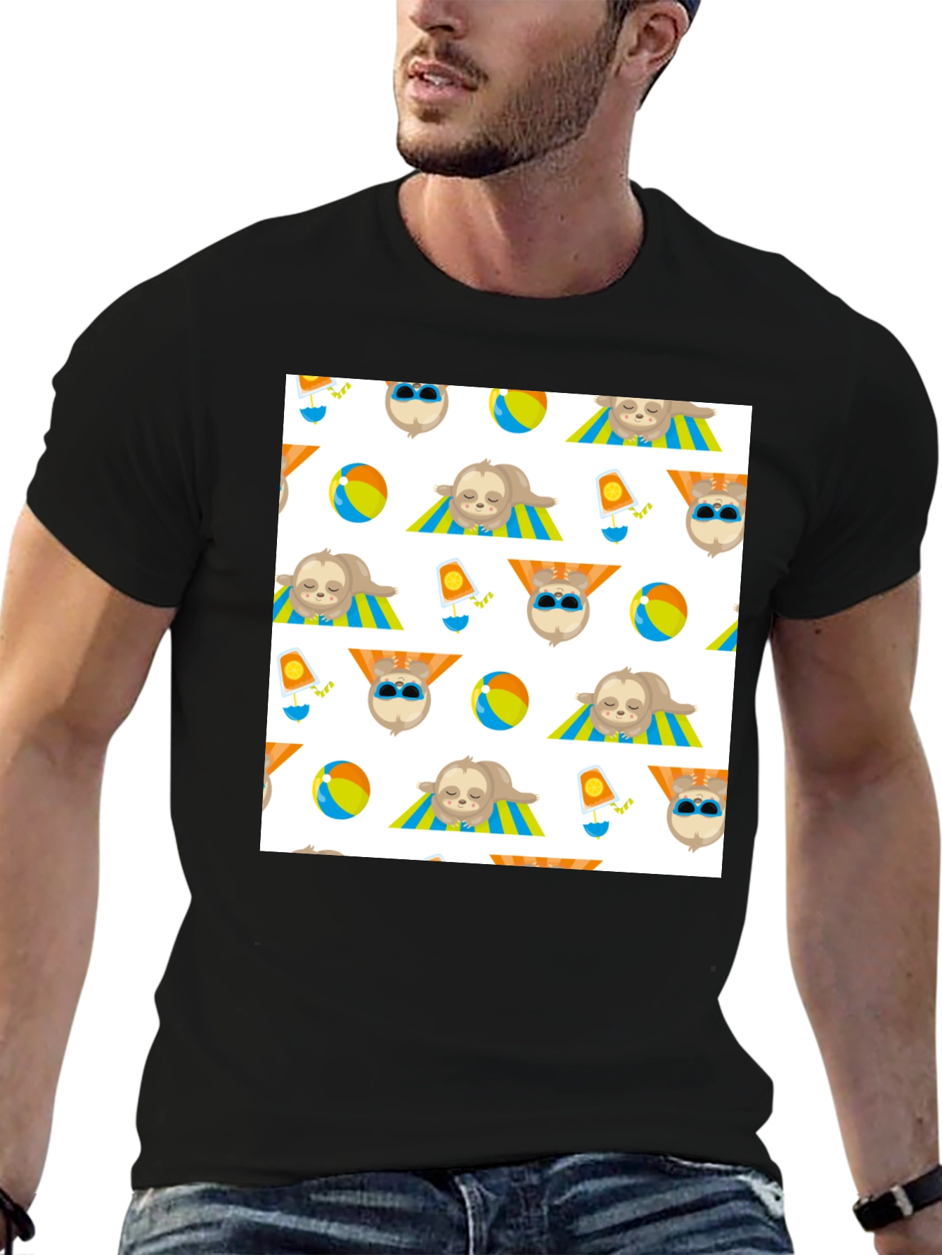 Summer Sloth Pattern Black T-Shirt