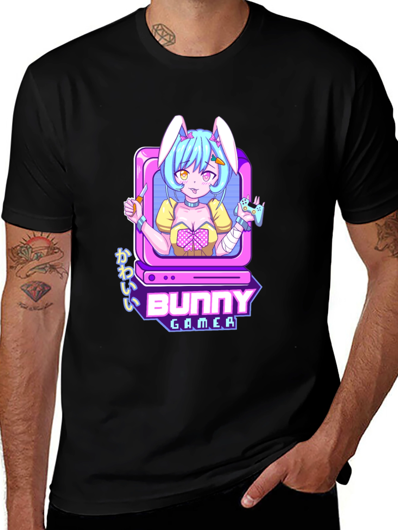 Bunny Gamer Black T-Shirt - Anime Style