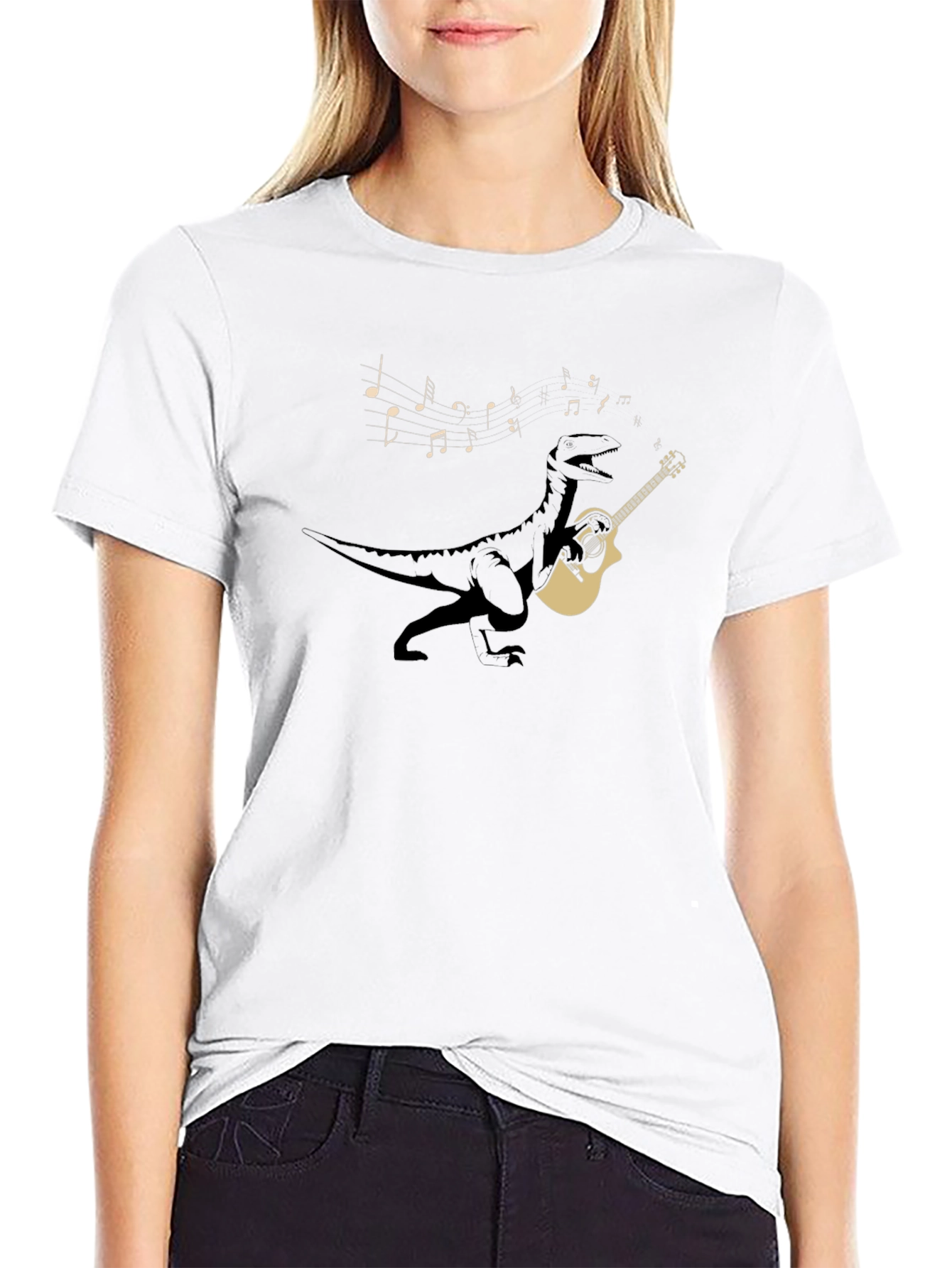 Dino Guitar Player Black T-Shirt