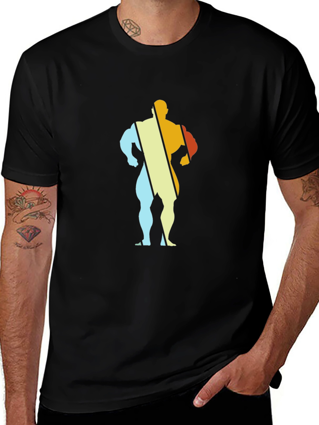 Retro Bodybuilder Graphic Tee - Black Cotton T-Shirt