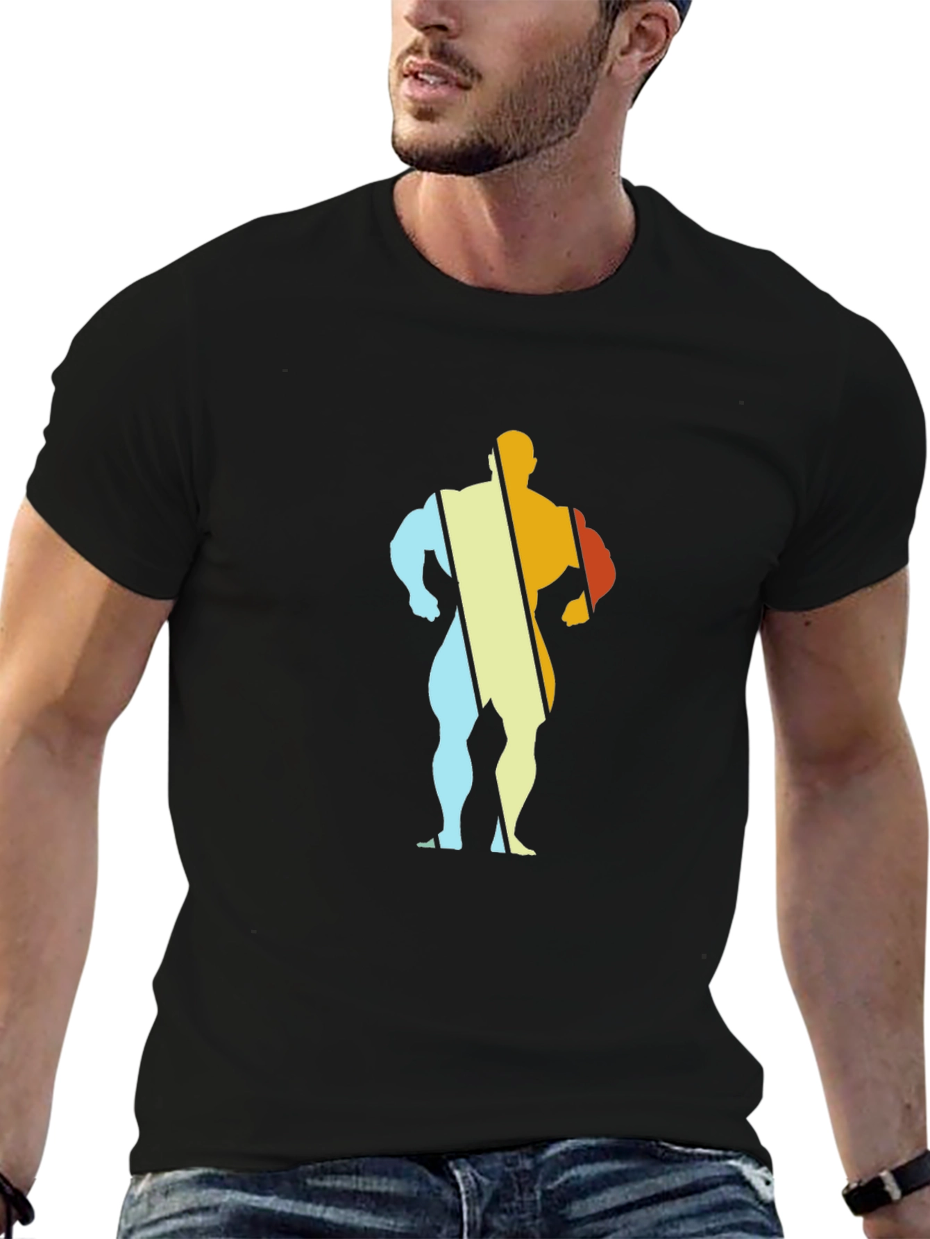 Retro Bodybuilder Graphic Tee - Black Cotton T-Shirt