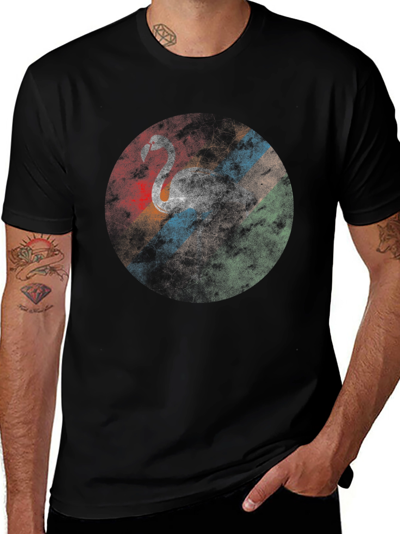 Retro Flamingo Graphic Tee - Casual Black T-Shirt