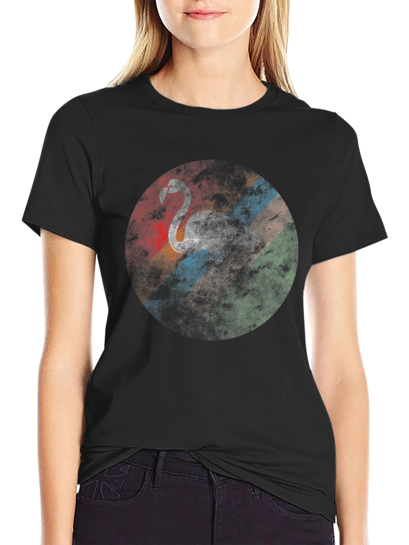 Retro Flamingo Graphic Tee - Casual Black T-Shirt