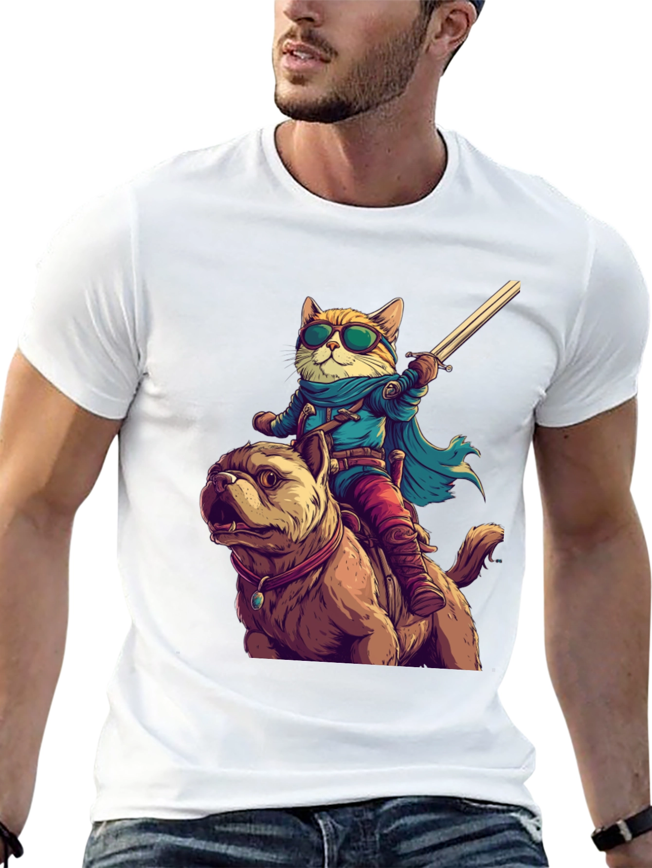 Cat Riding Dog T-Shirt - Novelty Cartoon Tee