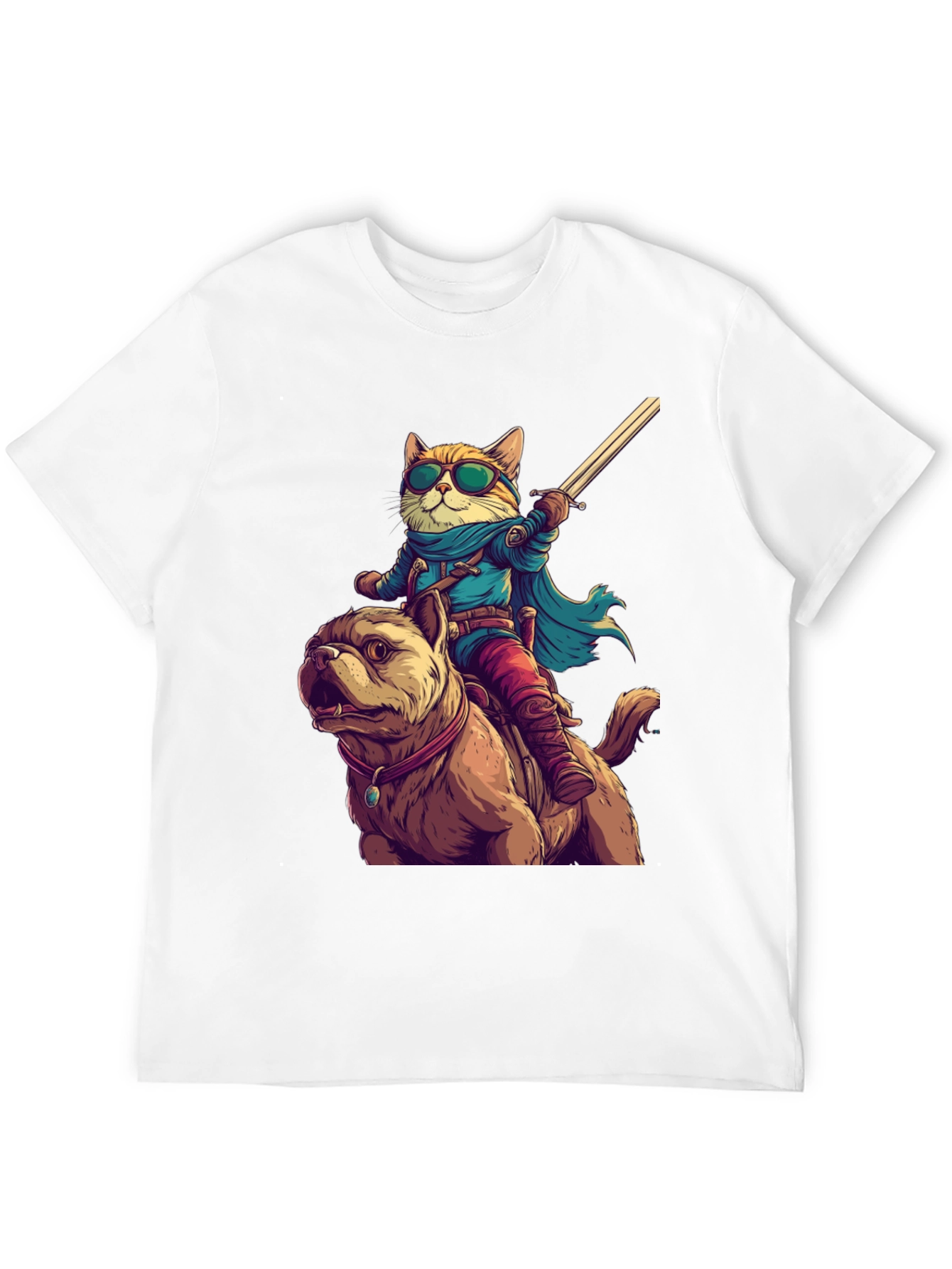 Cat Riding Dog T-Shirt - Novelty Cartoon Tee