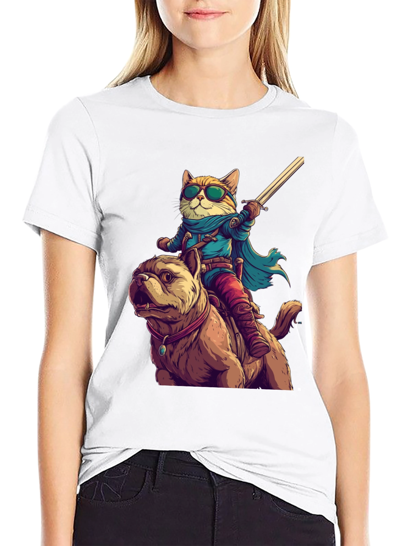Cat Riding Dog T-Shirt - Novelty Cartoon Tee