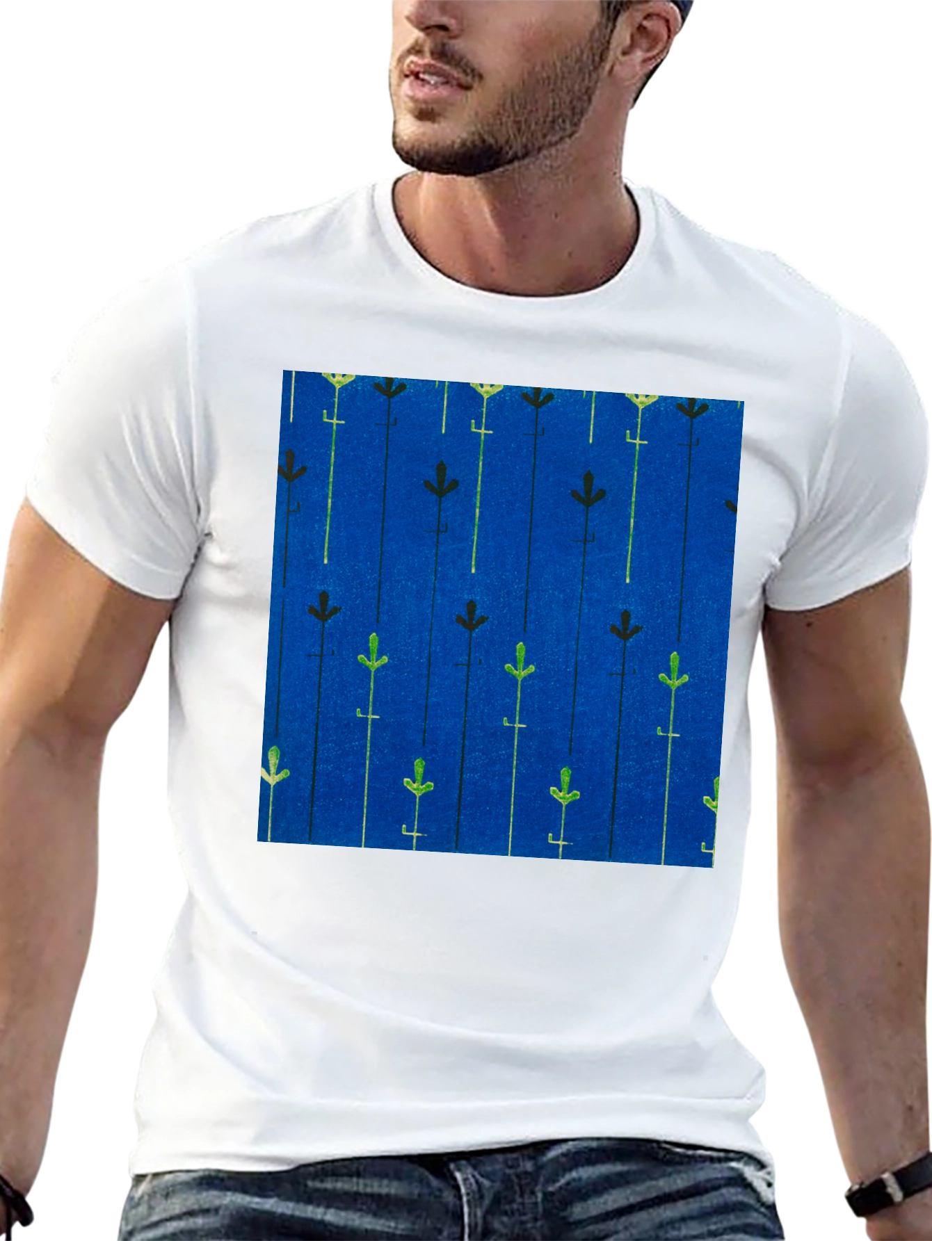Blue Floral Patterned Mens T-shirt