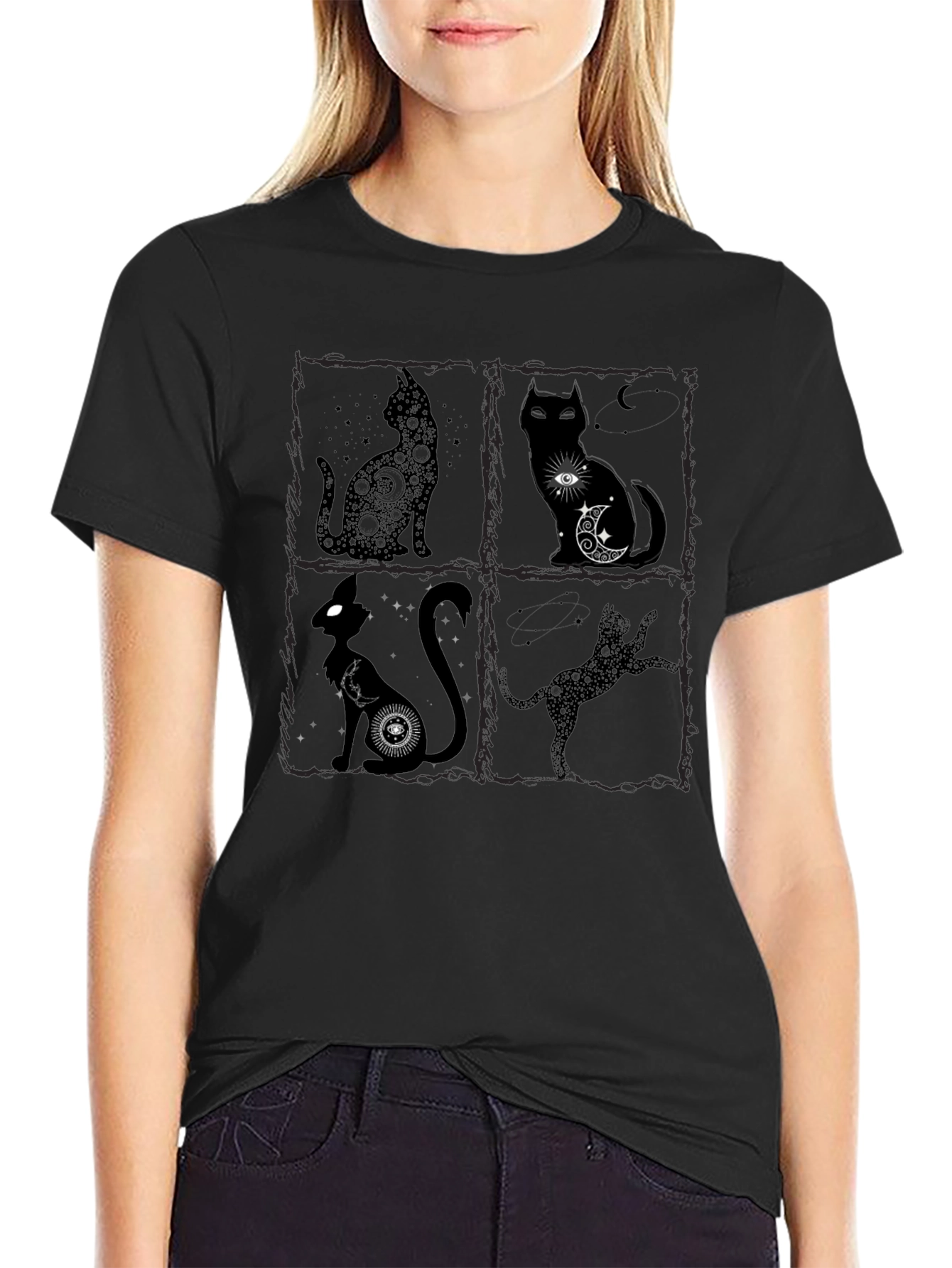 Mystical Cat T-Shirt - Black Crew Neck