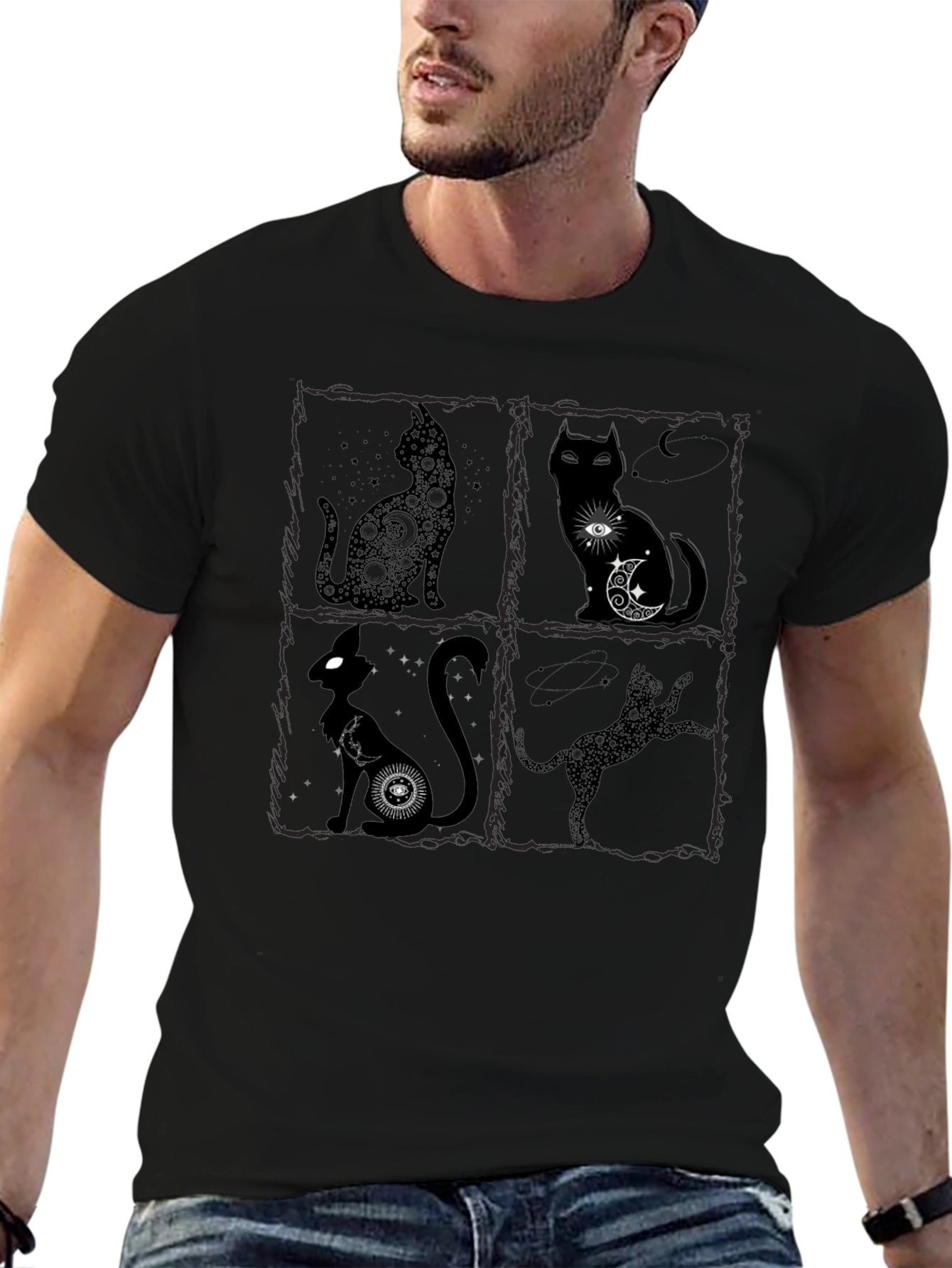 Mystical Cat T-Shirt - Black Crew Neck